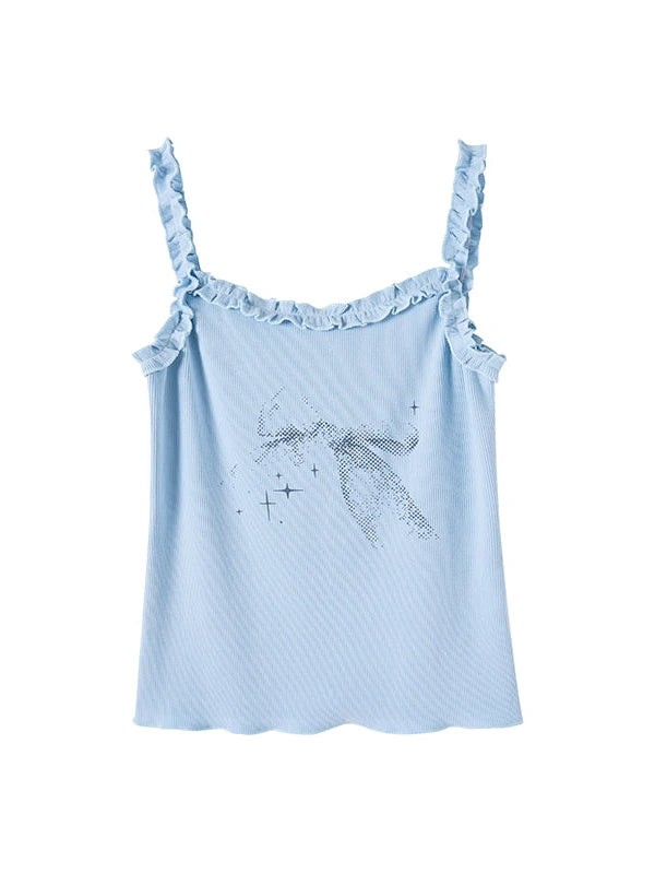 Vintage Bow Print Blue Summer Sleeveless Knit Top