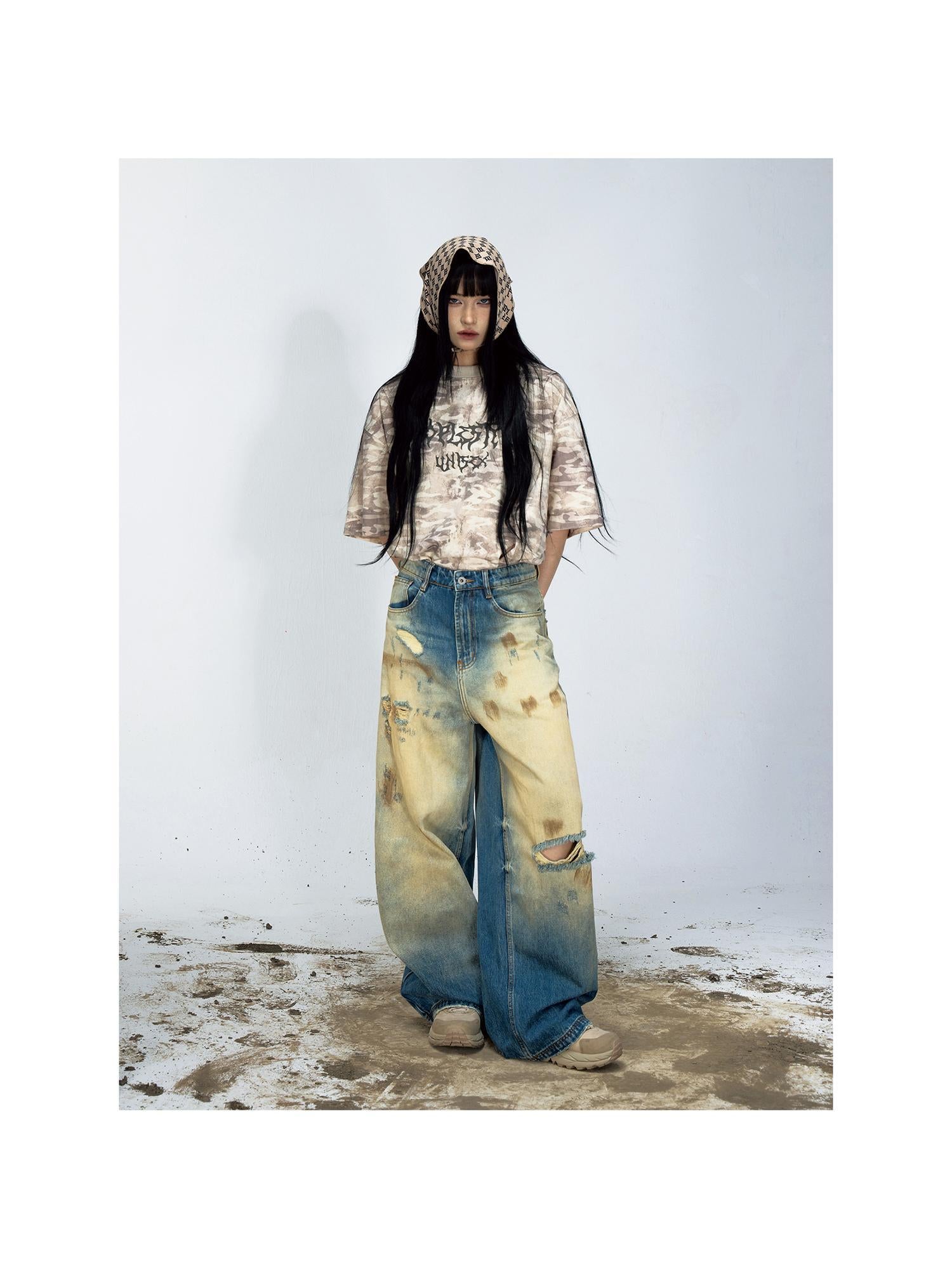 Peoplesense Vintage Washed Loose Blue Jeans Hand Distressed Retro Denim Pants