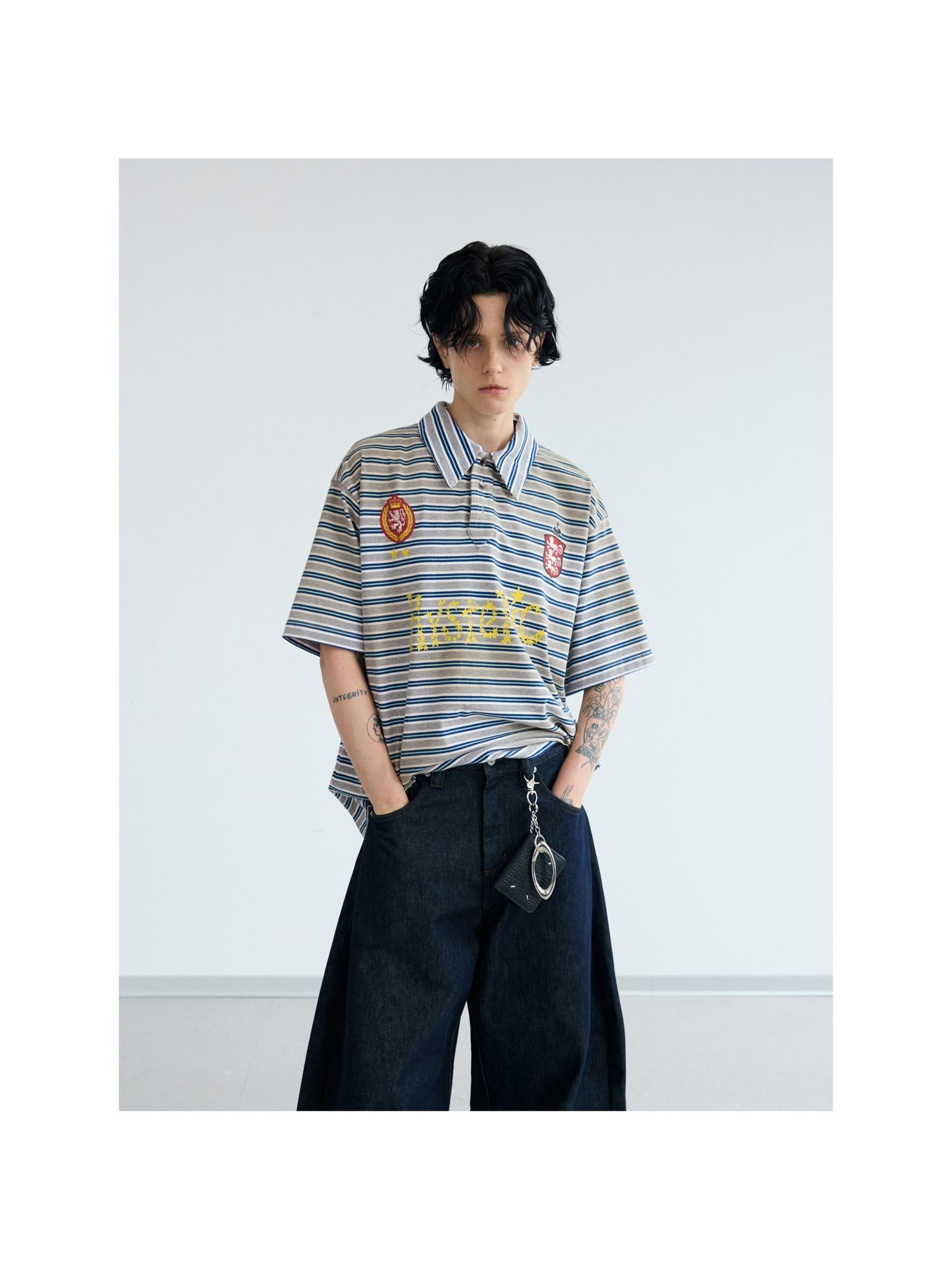 PEOPLESENSE Striped Dirty Wash Resin Button Polo Tee Loose Fit