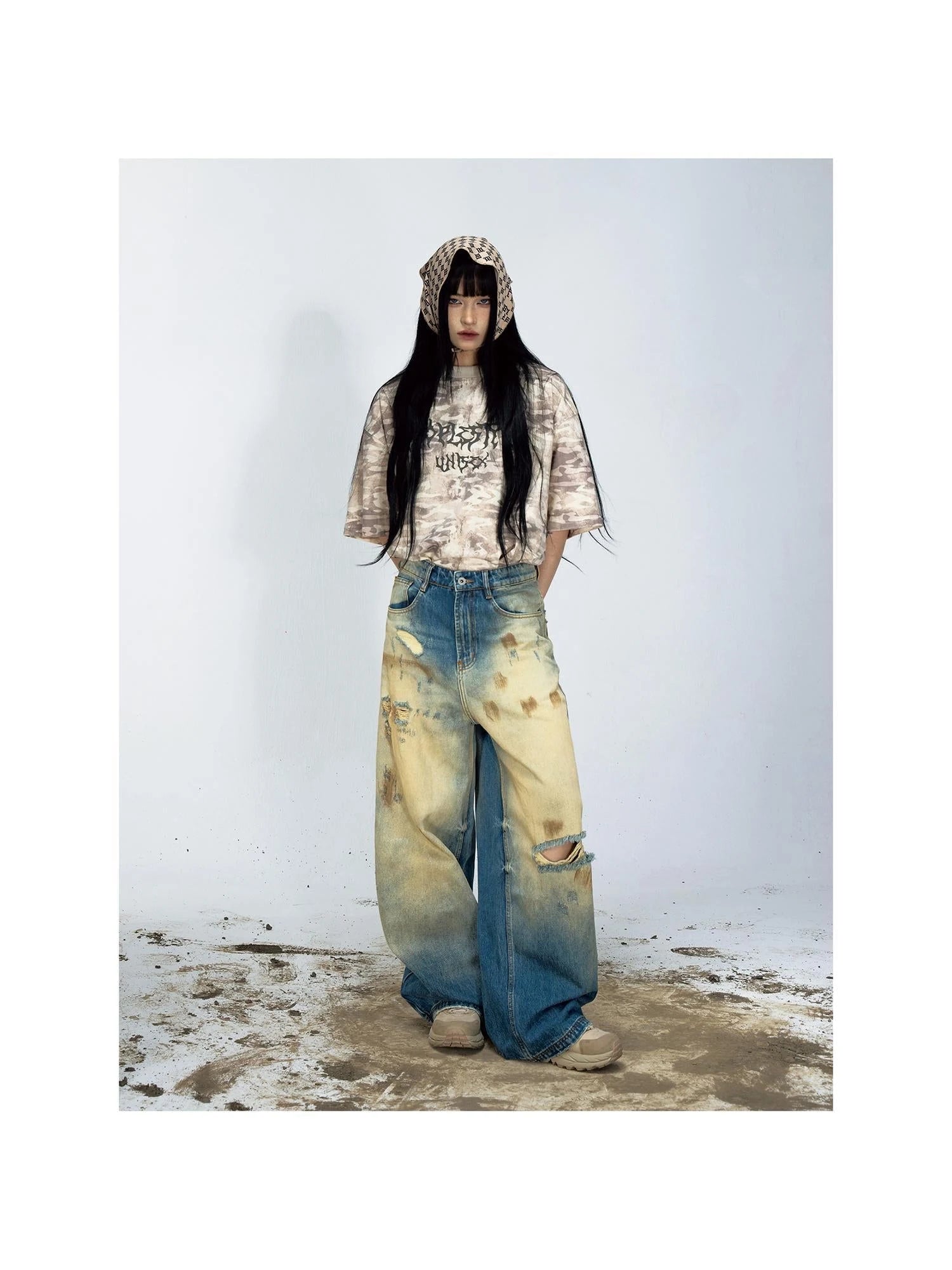 Vintage Washed Loose Blue Jeans Hand Distressed Retro Denim Pants