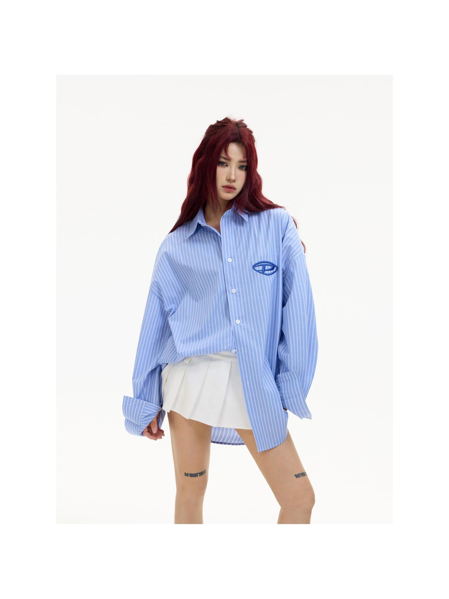 Peoplesense Blue White Striped Loose Fit Cotton Shirt With Folk Embroidery