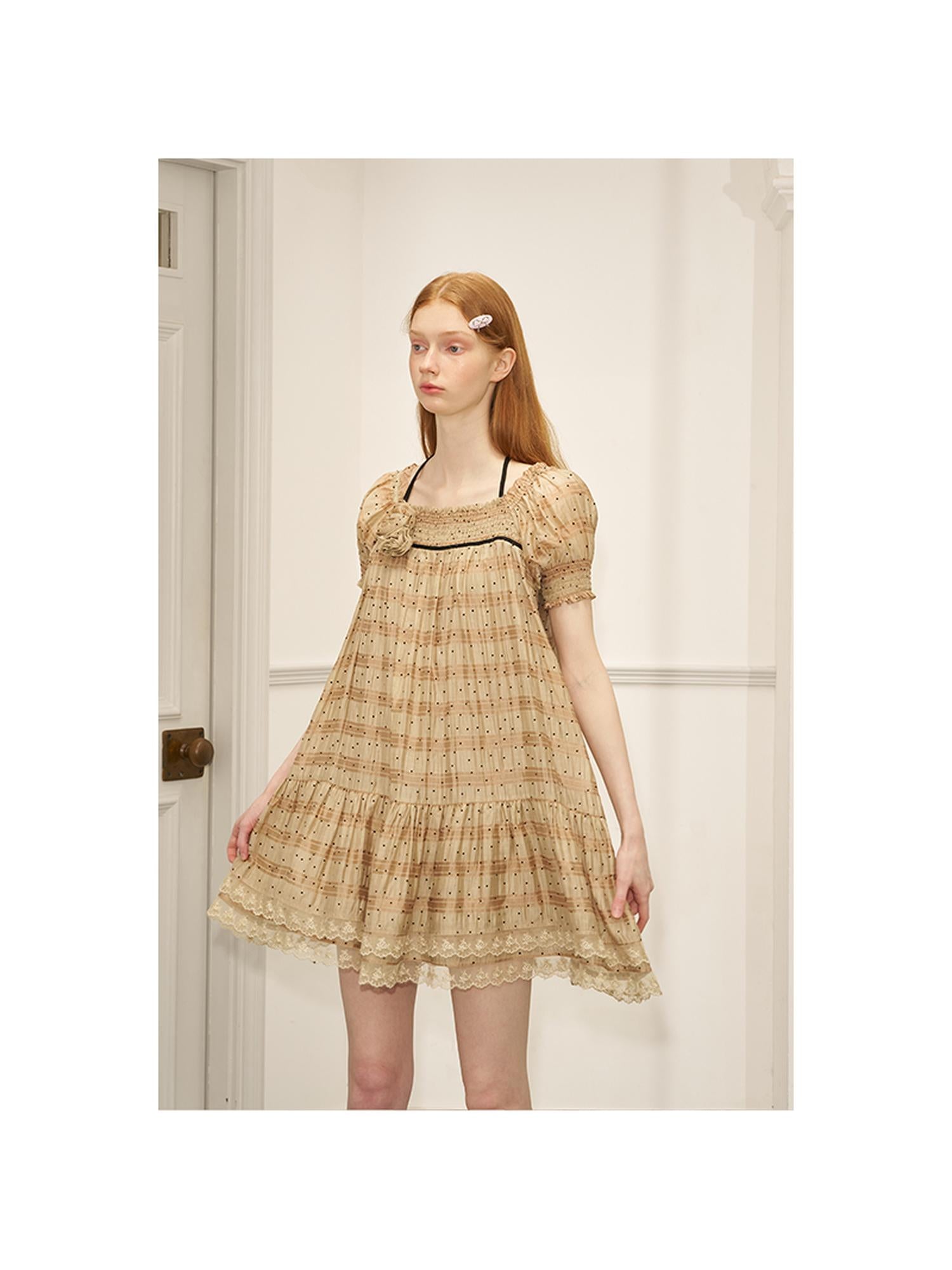 DIDDI MODA Polka Dot Puff Sleeve Floral Ruffle Babydoll Dress