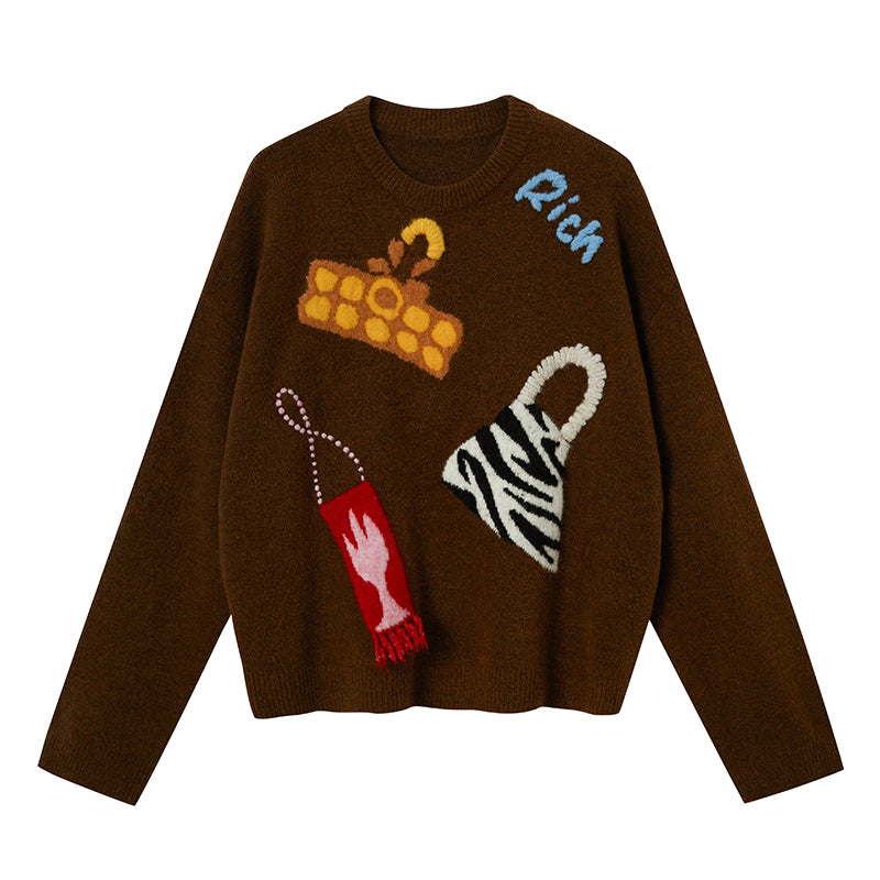 DIDDI MODA Fun Colorful Bag Embroidered Knit Sweater
