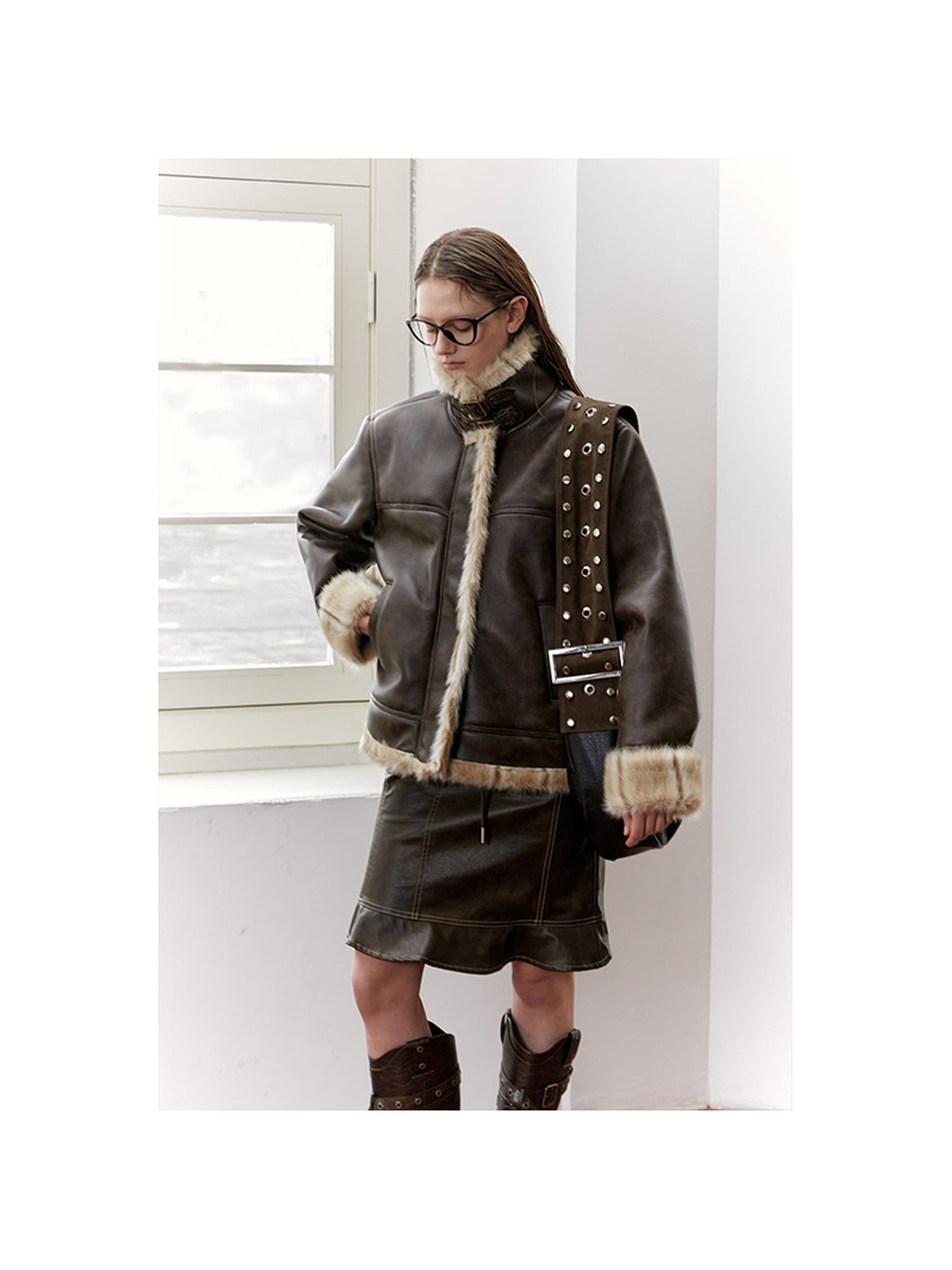 2th Desire Vintage Brown Leather Jacket Women Winter Fur Coat