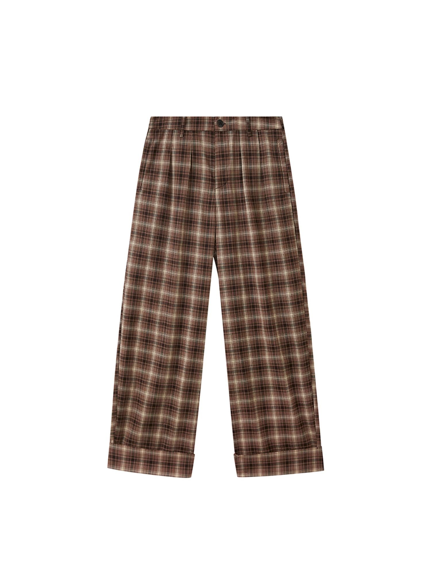 Relaxed Fold Hem Checkered Pants