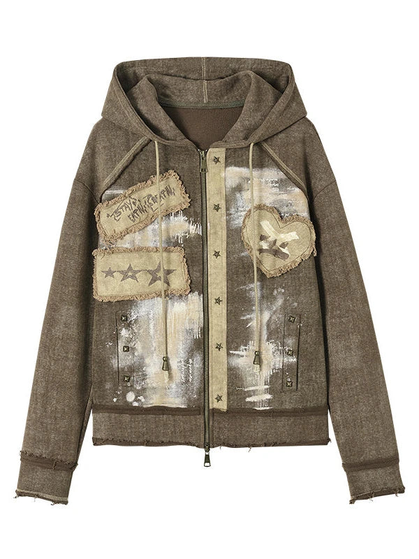 Vintage Punk Distressed Hooded Crop Top Streetwear Jacket