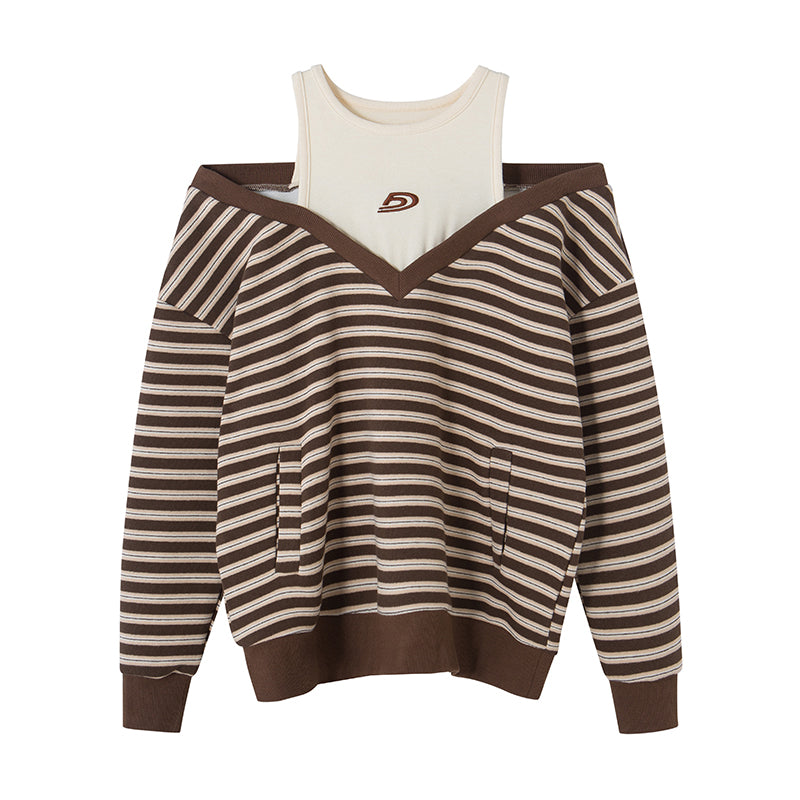 DIDDI MODA Retro Stripe Off Shoulder V Neck Sweatshirt