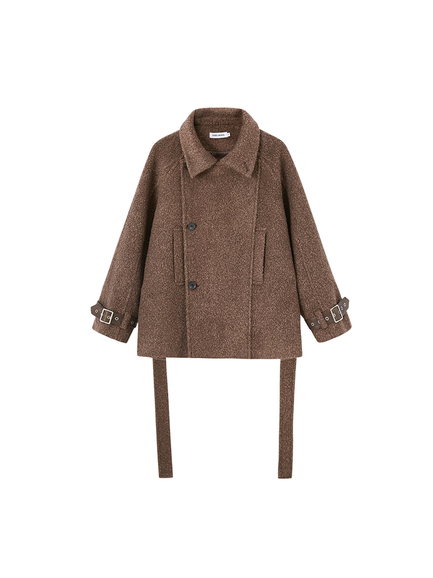 DIDDI MODA Faux Leather Trim Double Breasted Short Wool Coat