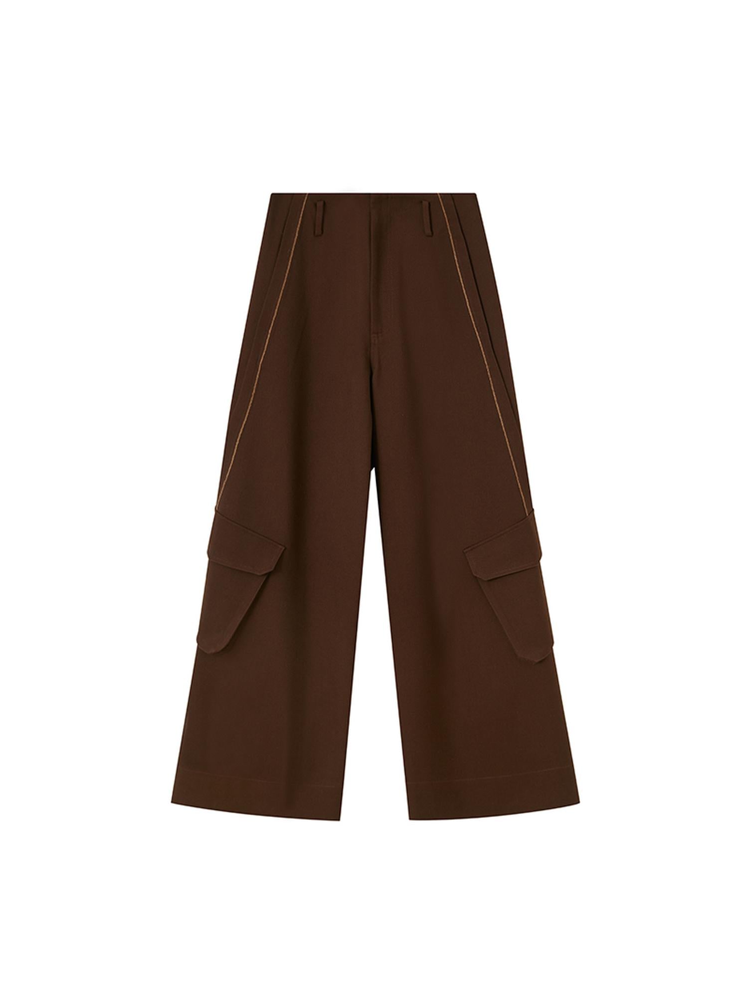 DIDDI MODA Loose Fit Pleated Wide Leg Cargo Trousers With Contrast Stitching