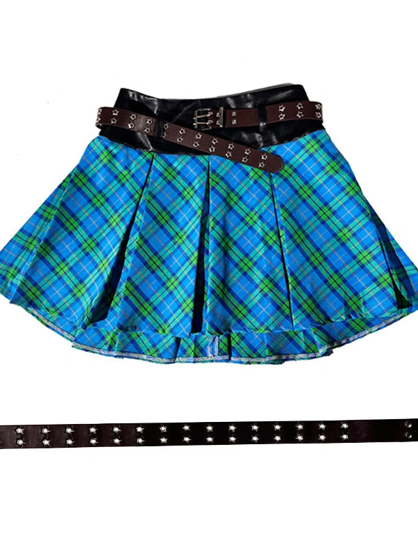 Plaid Patchwork Blue Green Pleated Skirt Jk