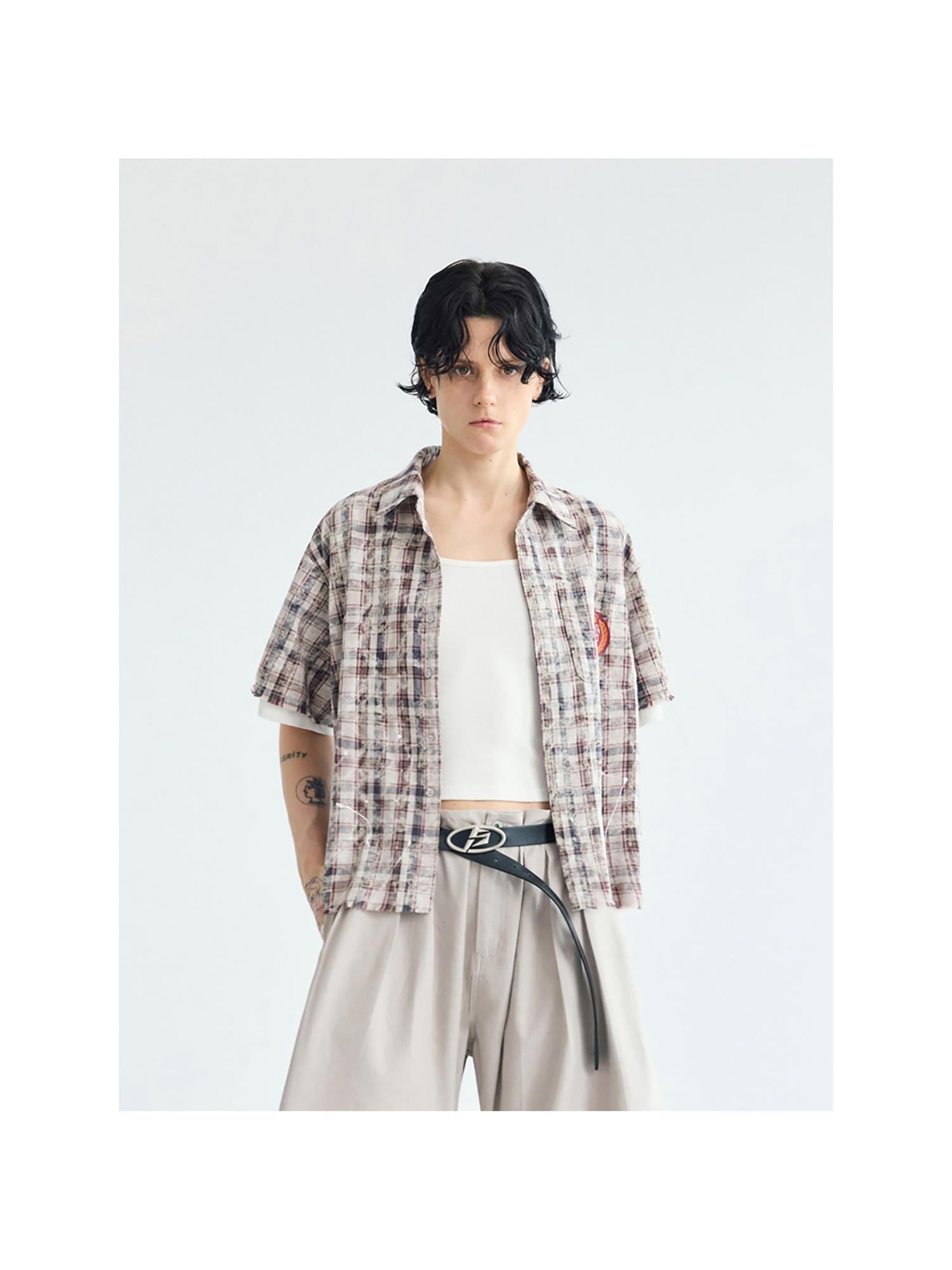 Peoplesense Plaid Two Piece Short Sleeve Cotton Shirt With Polo Collar