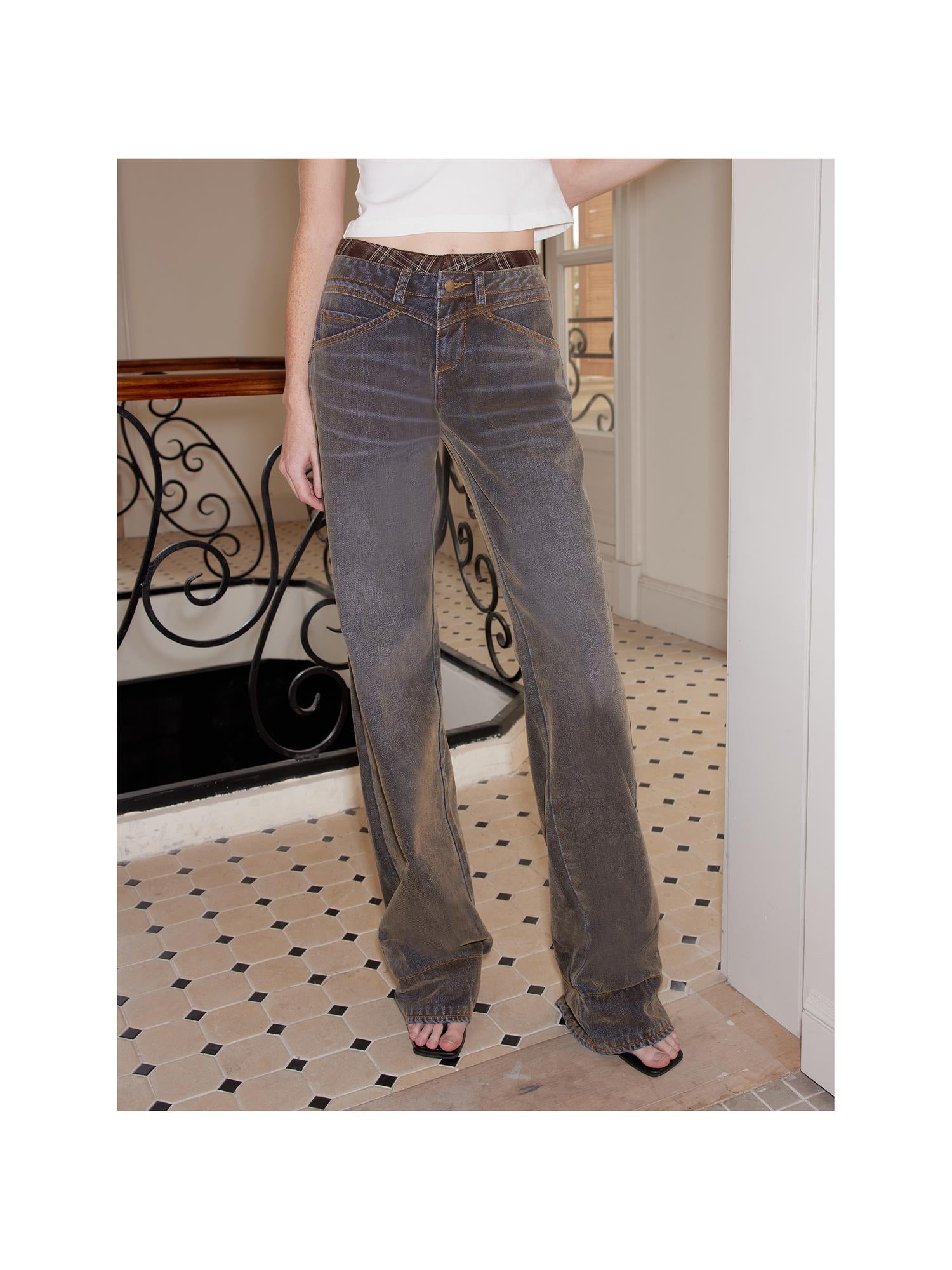 2th Desire Flared Patchwork Leopard Check Lace Flare Jeans With Detachable Skirt