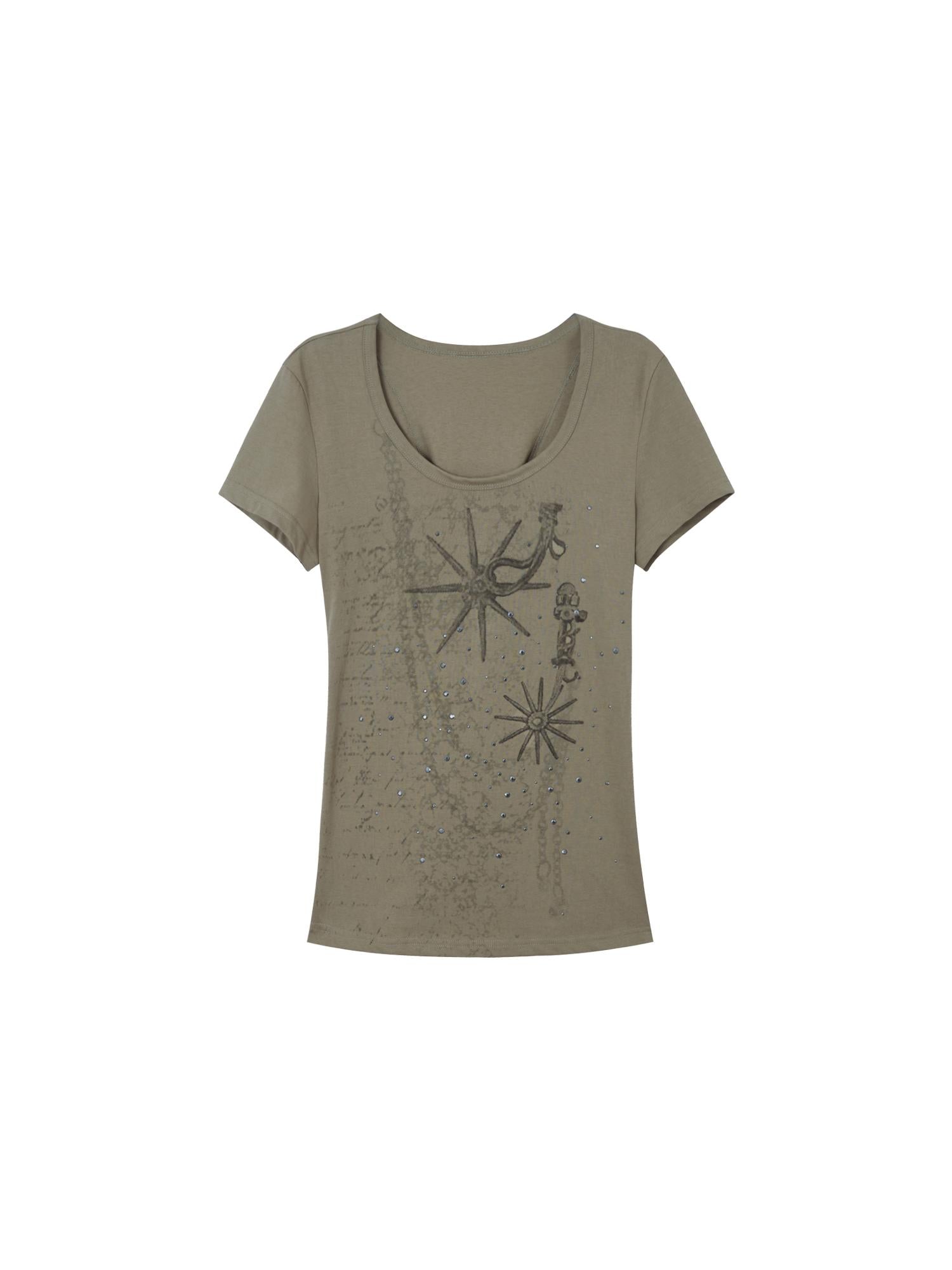 DoublePunch Western Print Rhinestone Fitted Round Neck Basic T-Shirt