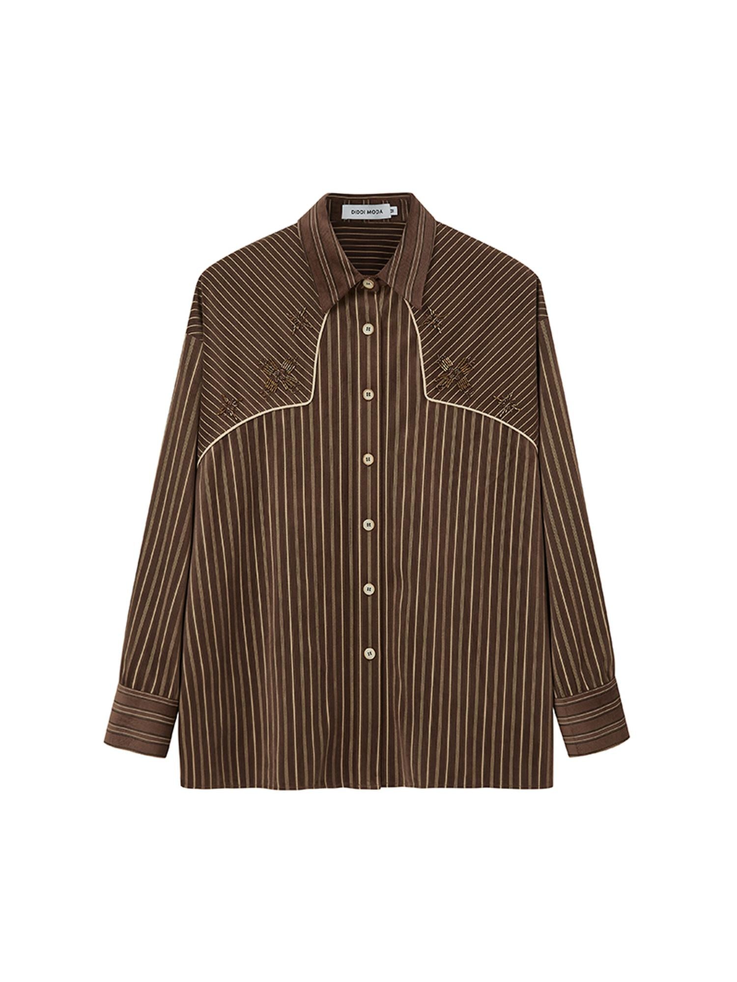 DIDDI MODA Vintage Stripe Flannel Shirt With Beaded Embroidery Contrast Trim