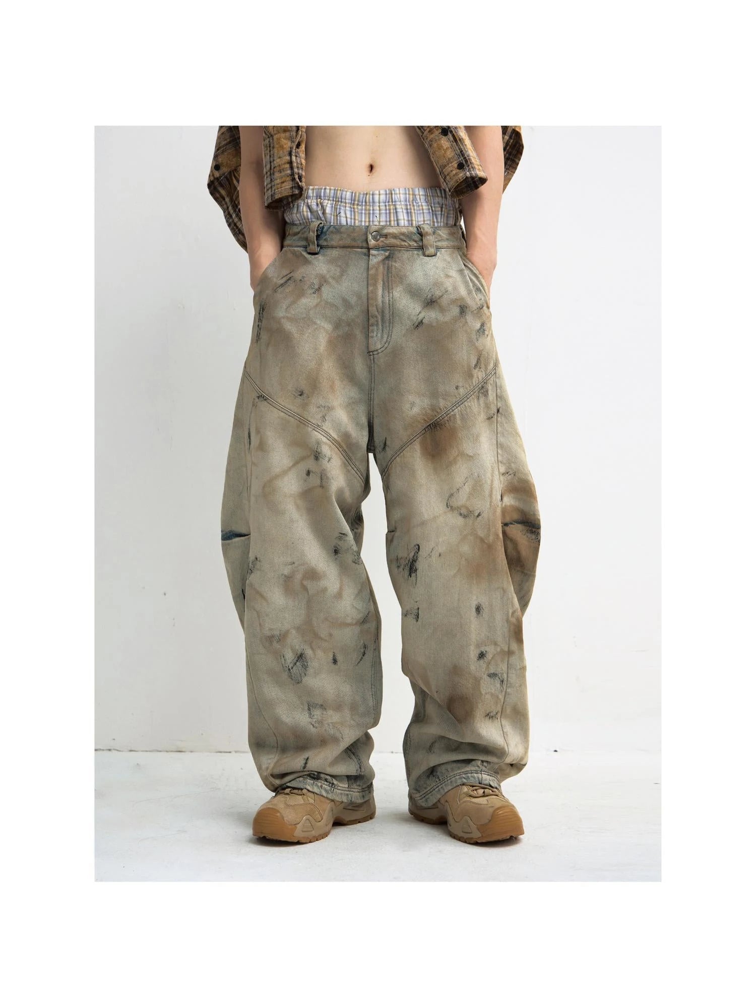 Yellow Clay Dyed Baggy Arc Jeans With 4D Pleats Custom Hardware
