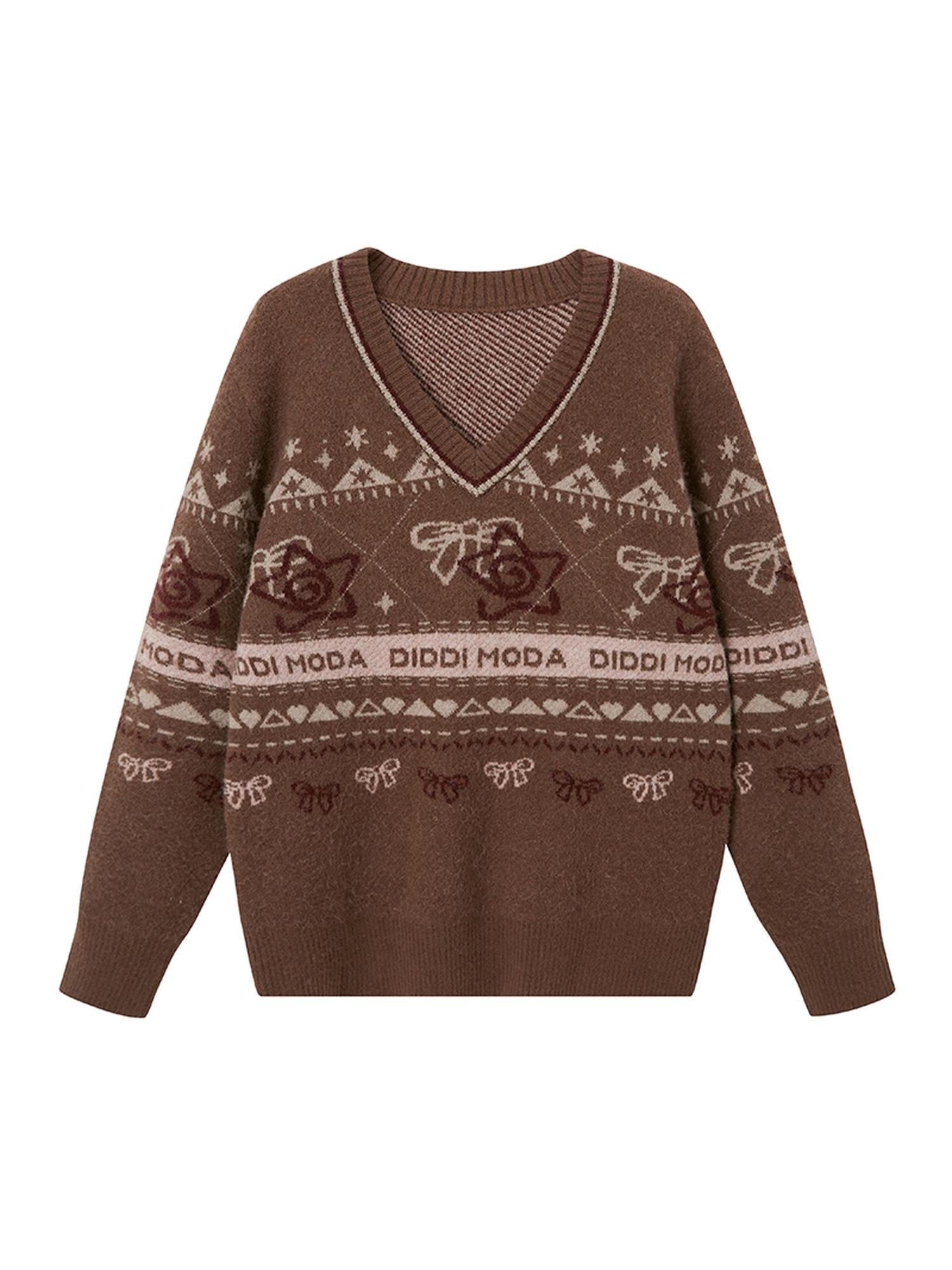 DIDDI MODA Fair Isle Bow V Neck Knit Sweater