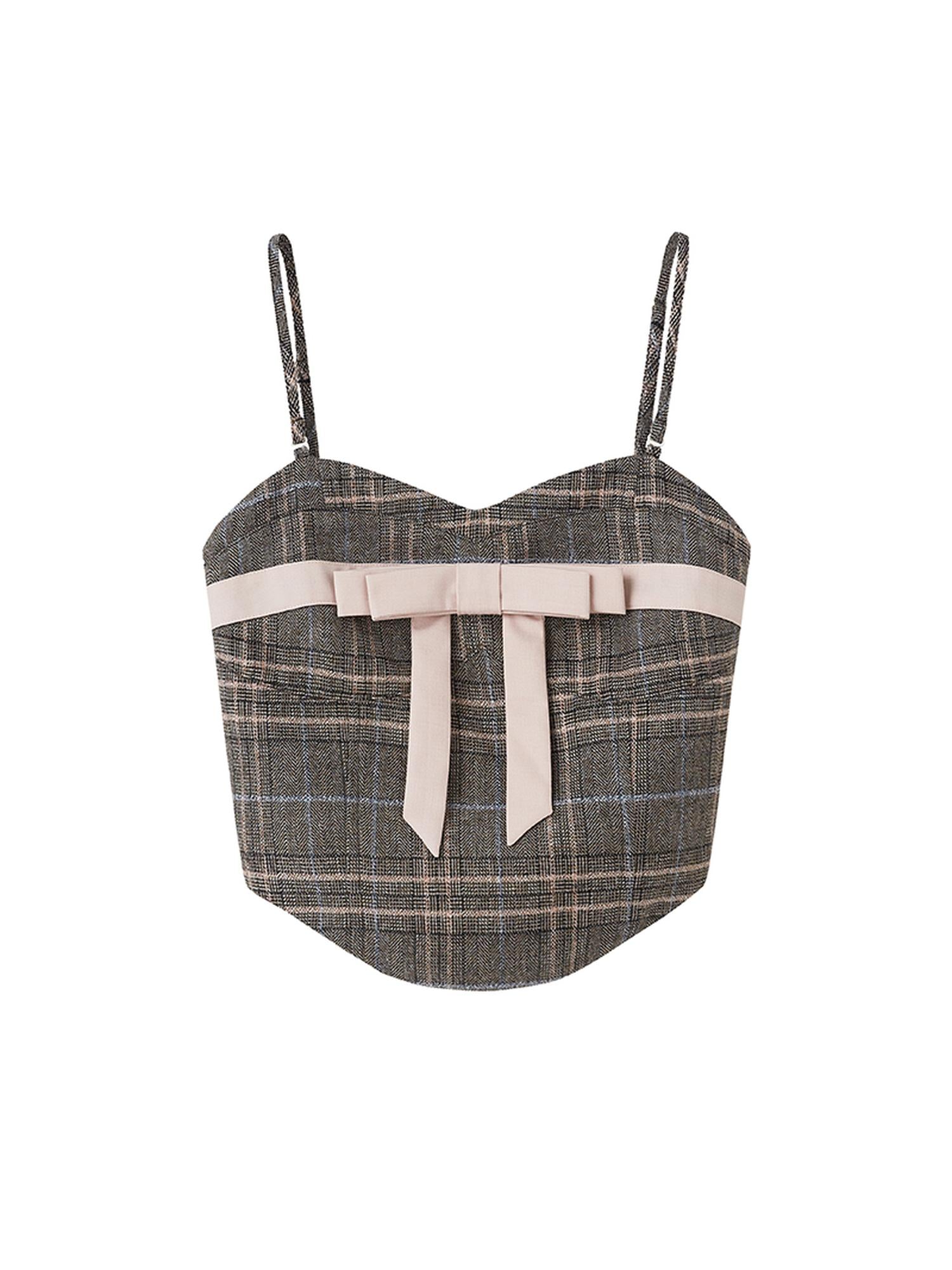 DIDDI MODA Plaid Bow Tie Bustier A Line Maxi Skirt Set