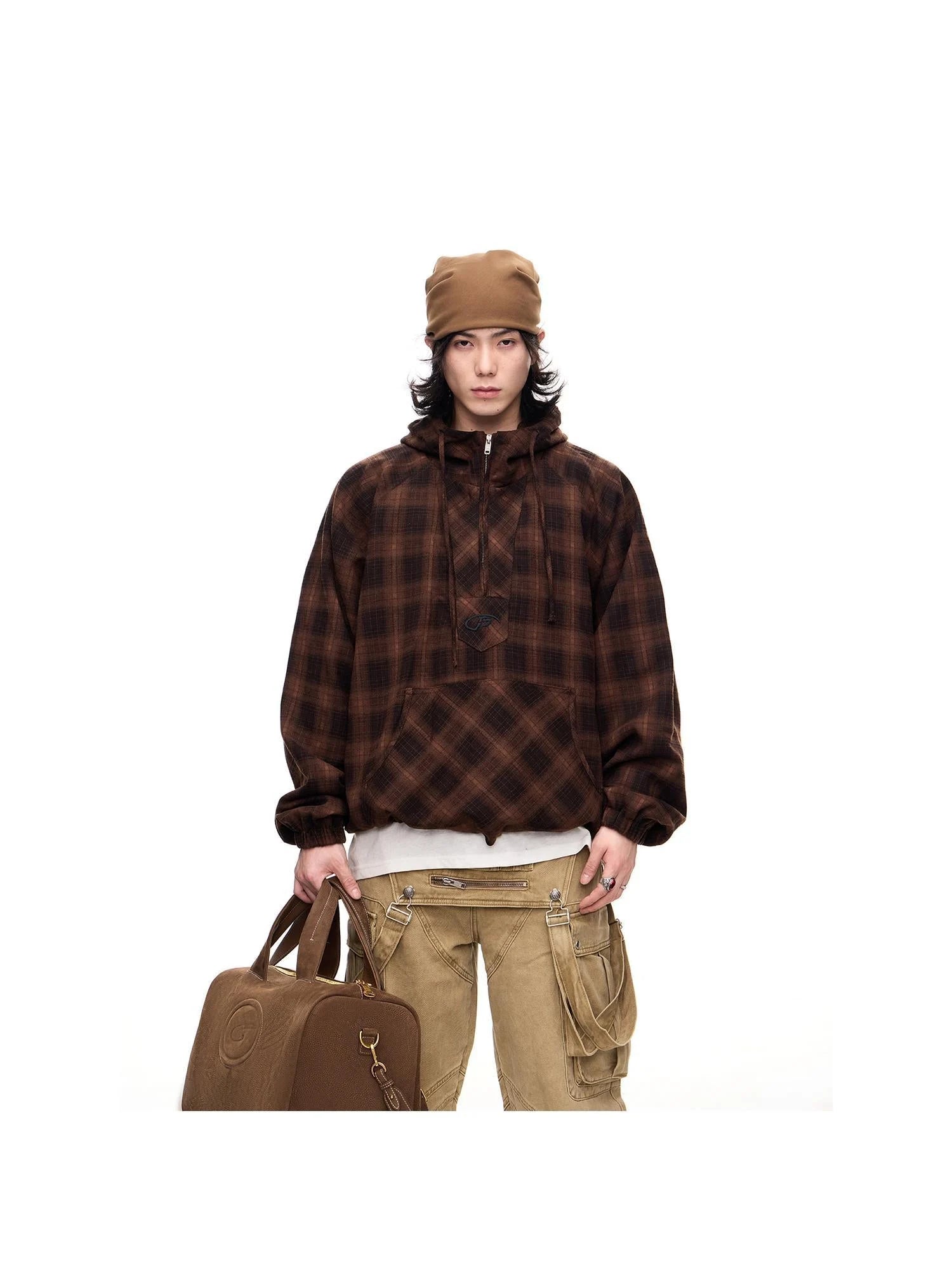 Unisex Checkered Contrast Drawstring Half Zip Hoodie