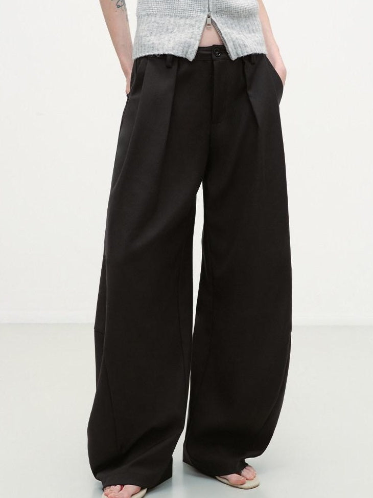 RUN TO THE FUTURE Pleated Minimalist Mid Rise Micro Stretch Casual Loose Fit Black Wide-Leg Pants