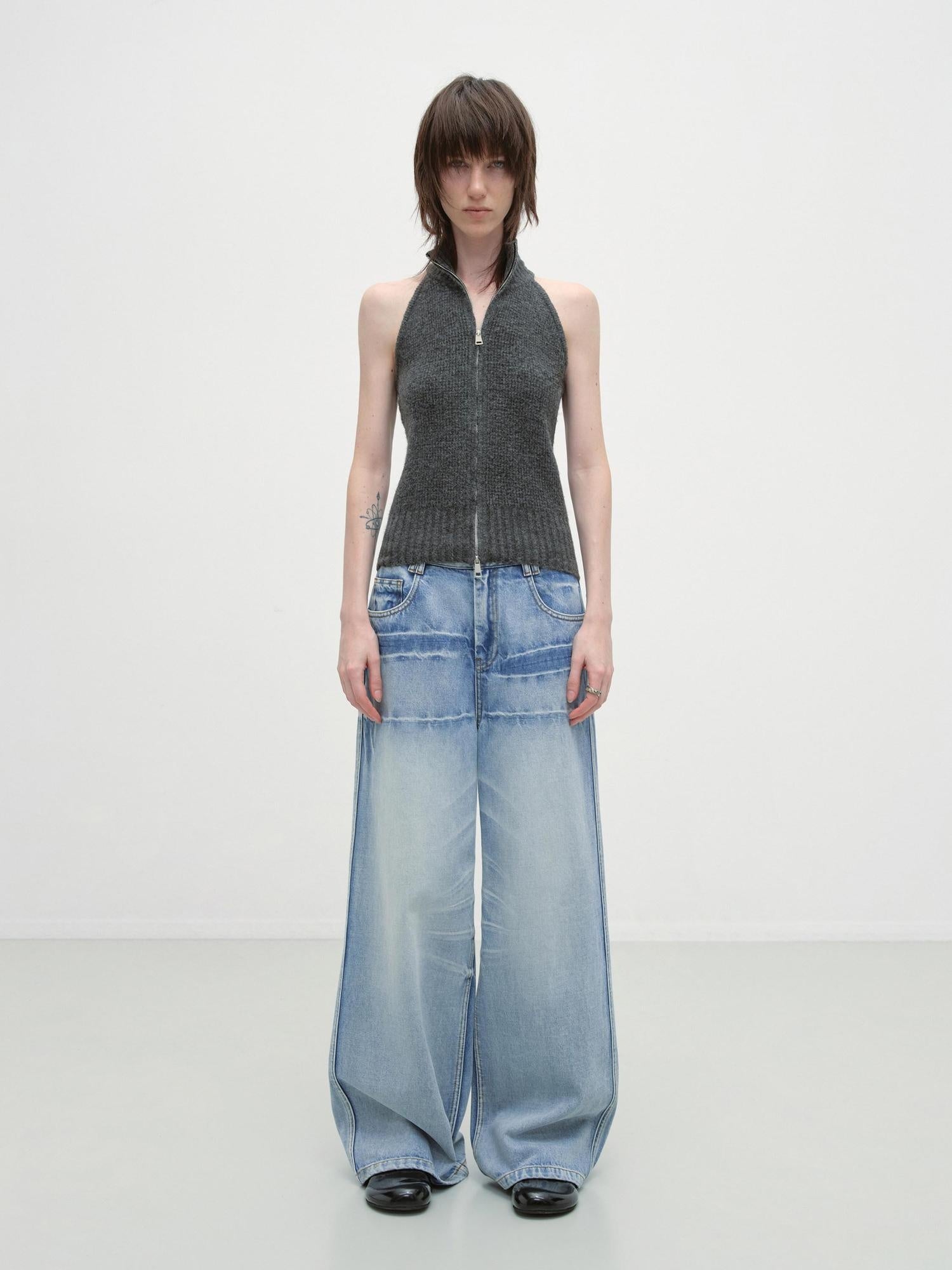 RUN TO THE FUTURE Washed Low Waist Casual Loose Fit Cotton Zipper Women Denim Blue Wide-Leg Jeans