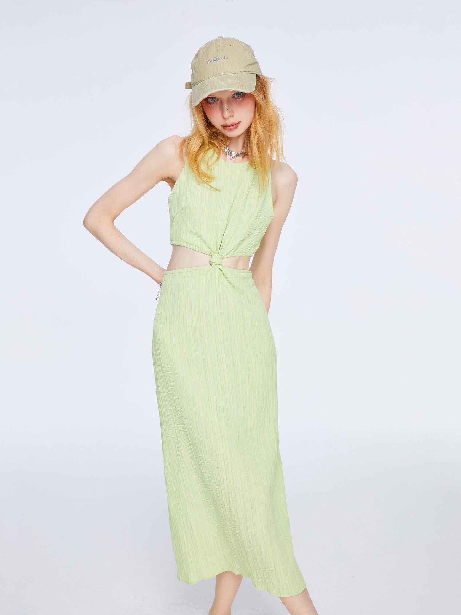 The NeverMore High Waist Pleated Street A Line Sleeveless Women Green Maxi Dresses