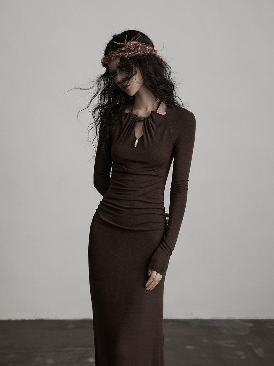 INDULGE Soft Modal Wool Cutout Slim Fit Long Sleeve Casual Brown Bodycon Maxi Dresses