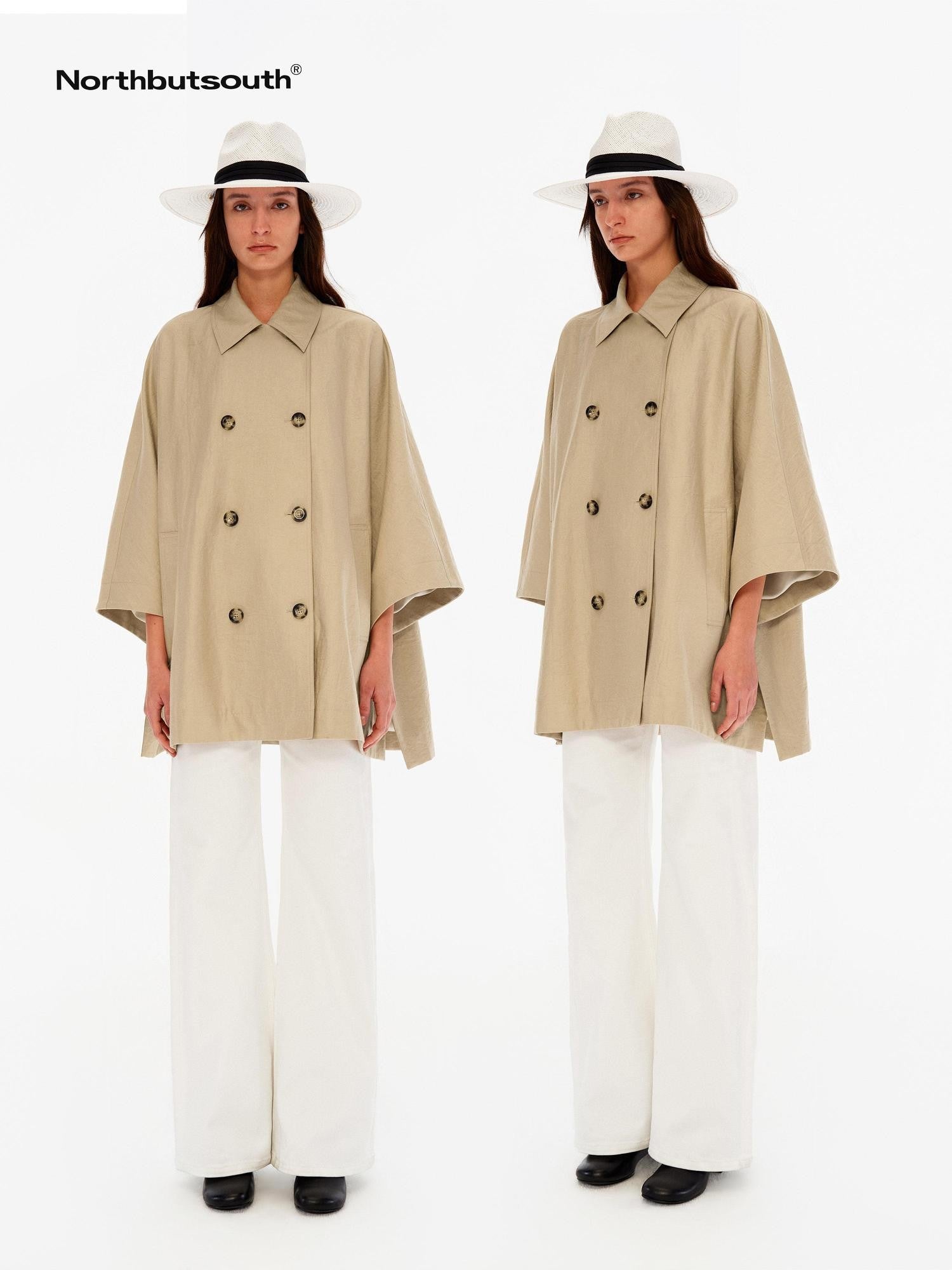 Northbutsouth Light Sheen Crinkle Double Breasted Batwing Women&