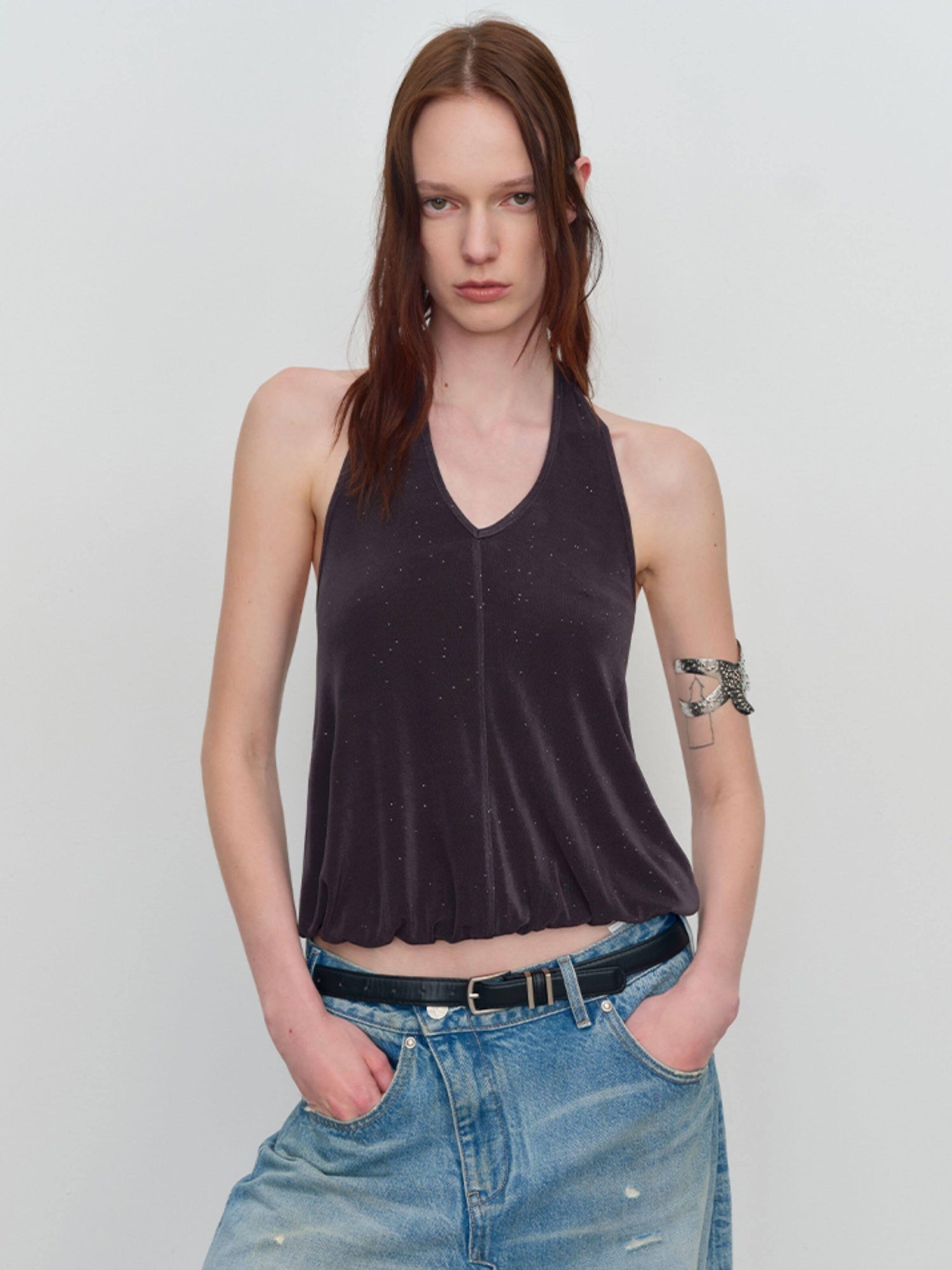 RUN TO THE FUTURE Shimmer Sequin Halter Cropped Unlined Solid Stretch Polyester Women Camisoles