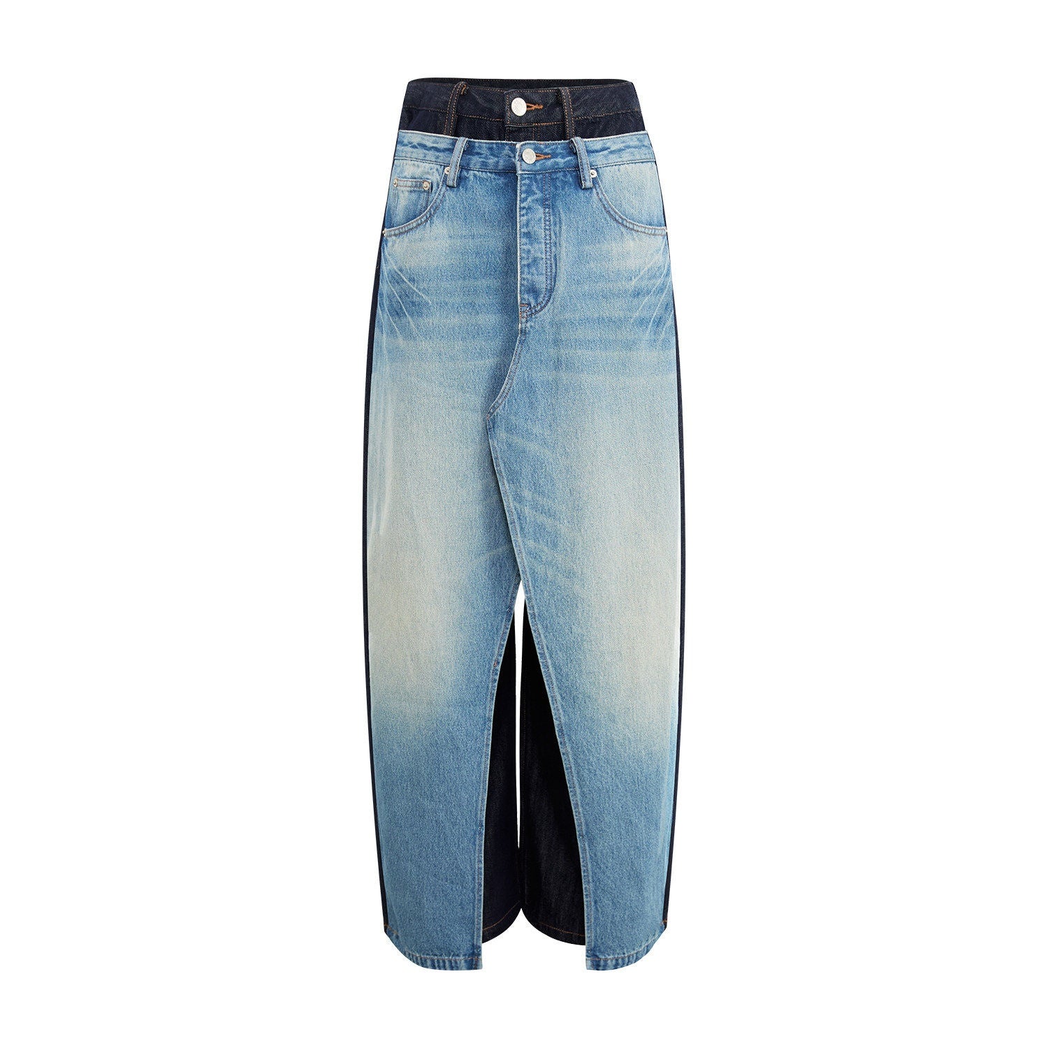 RUN TO THE FUTURE Durable Washed Denim Casual Loose Natural Waist Zipper Fly Blue Wide-Leg Jeans