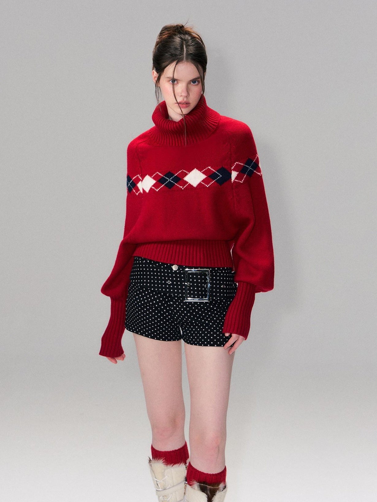 The NeverMore Warm Wool Pullover Vintage Jacquard Cape Batwing Women High Neck Red Sweaters