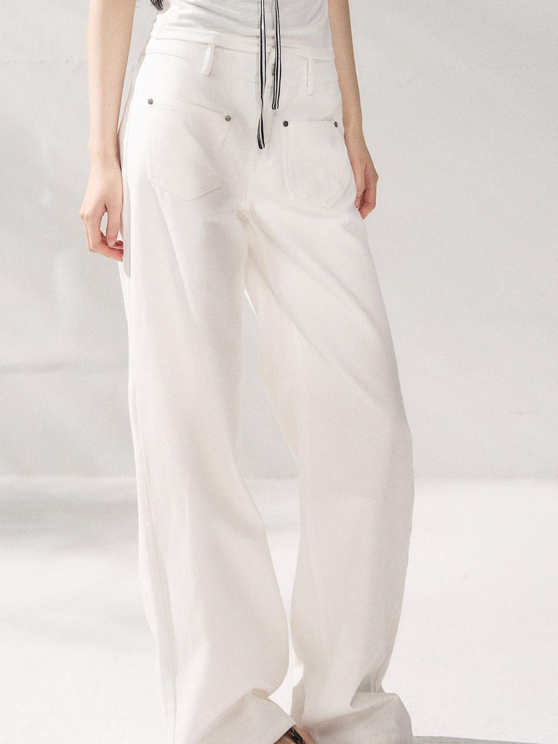 7Shiftin Button Front Natural Waist Casual White Flowy Wide Leg Pants