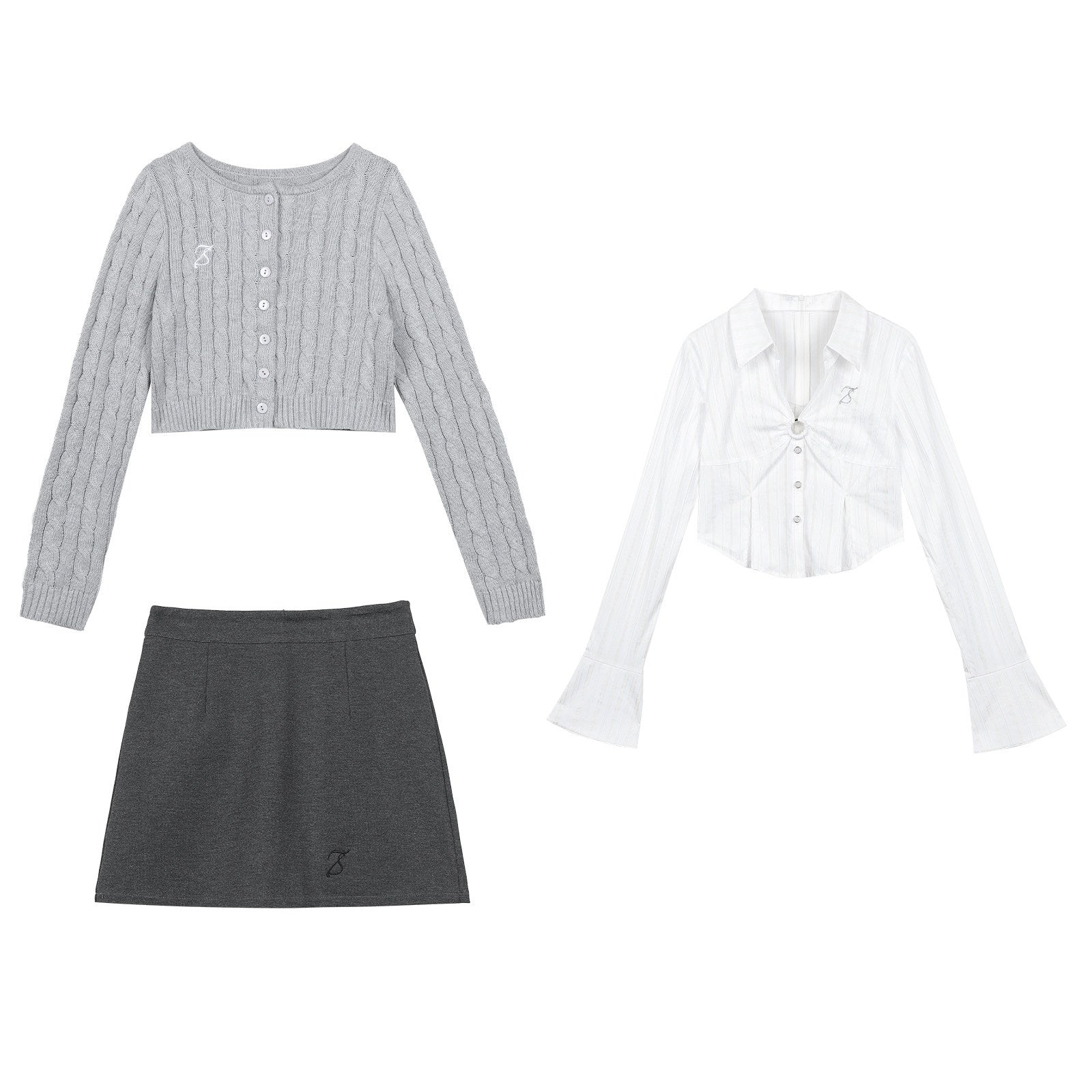 7Shiftin Crop Two Piece Casual Short Length Layered Set For Women Blue White Shirts
