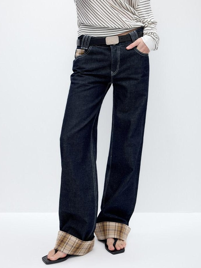 RUN TO THE FUTURE Washed Low Waist Wide Leg Loose Fit Casual Denim Indigo Straight Jeans