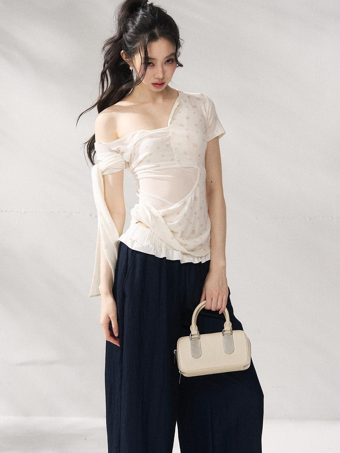 7Shiftin Floral Tie Slim Fit Casual Asymmetrical Neck Short Sleeve Women Basic Crop Tops
