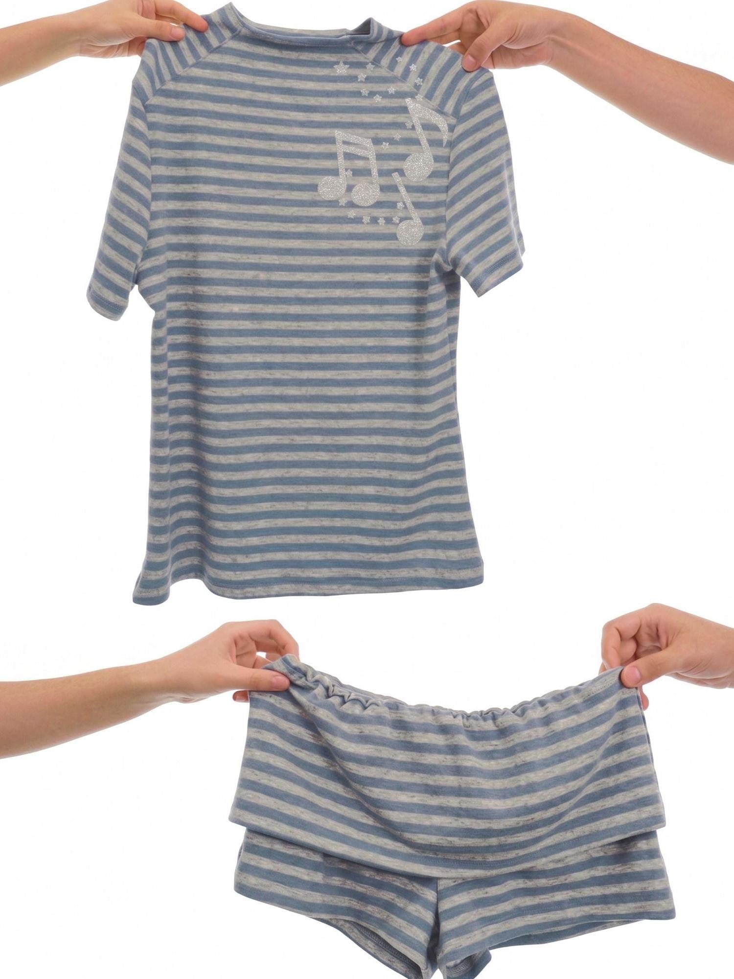 takeabreak Blue Grey Heather Striped Music Note Heat Transfer Women&