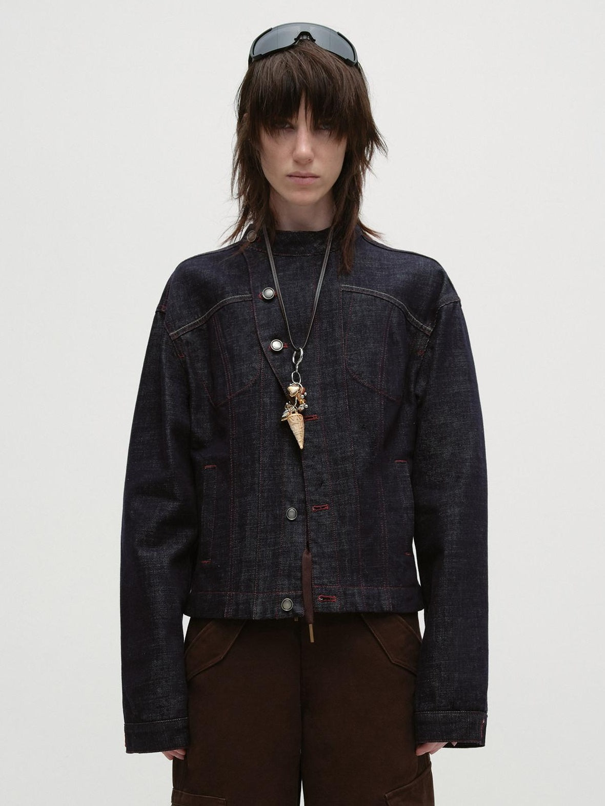 RUN TO THE FUTURE Vintage Asymmetric Fitted Waist Unisex Dark Indigo Cotton Button Denim Jackets