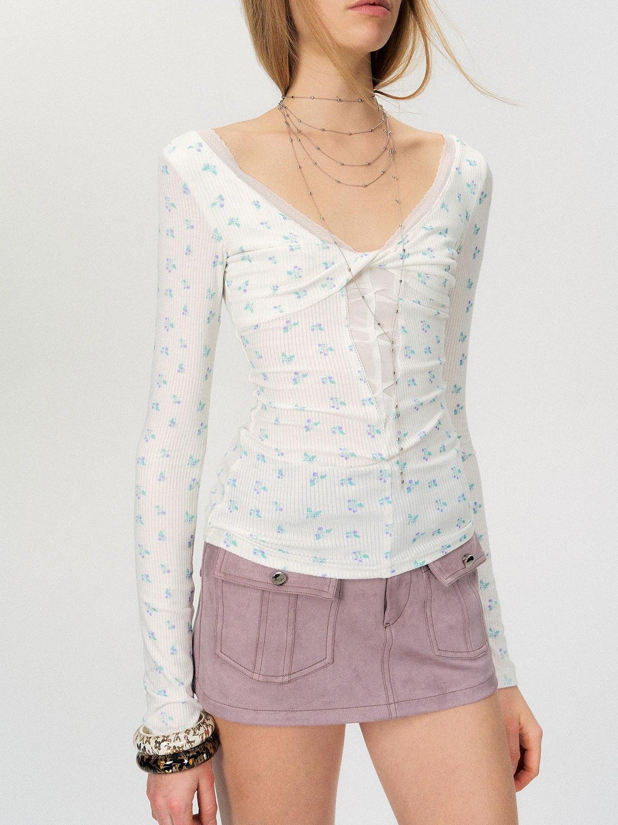 The NeverMore Sexy Mesh Floral Spliced Fitted Womens Stretch Long Sleeve Crop Tops