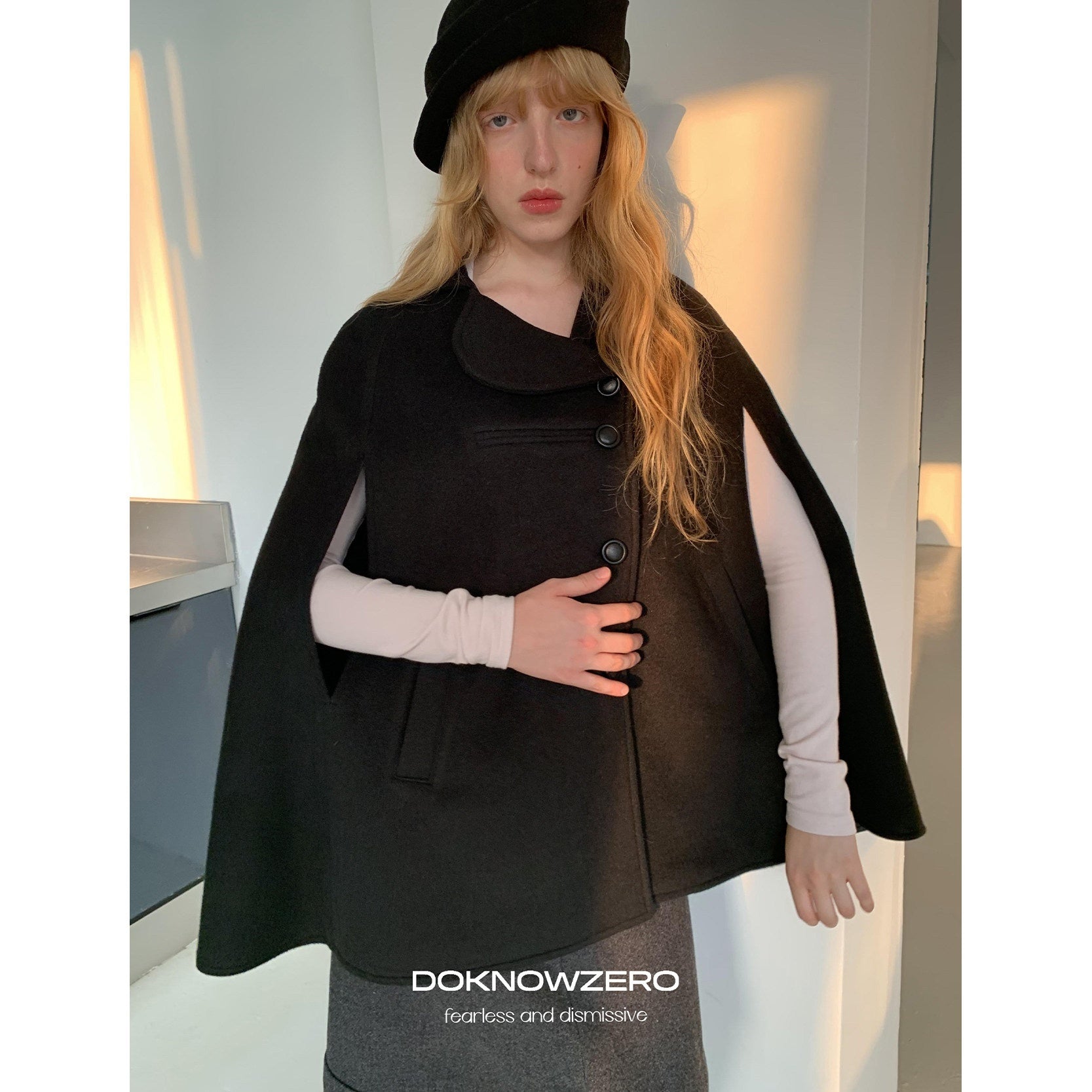 DKZ_OFFICIAL_Black_Bud_Collar_Cape_Double_Breasted_Women&