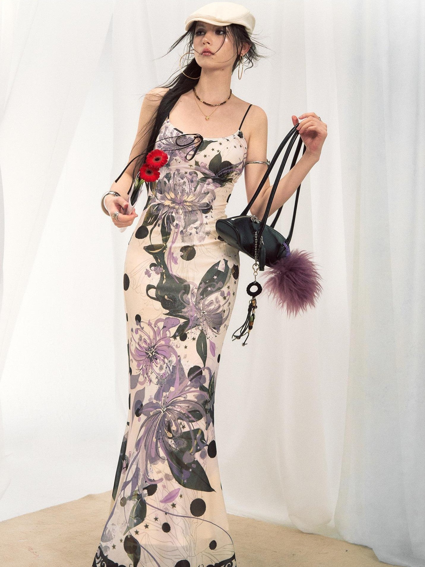 OfAkiva Fishtail Printed Cinched Waist Spaghetti Strap Women&