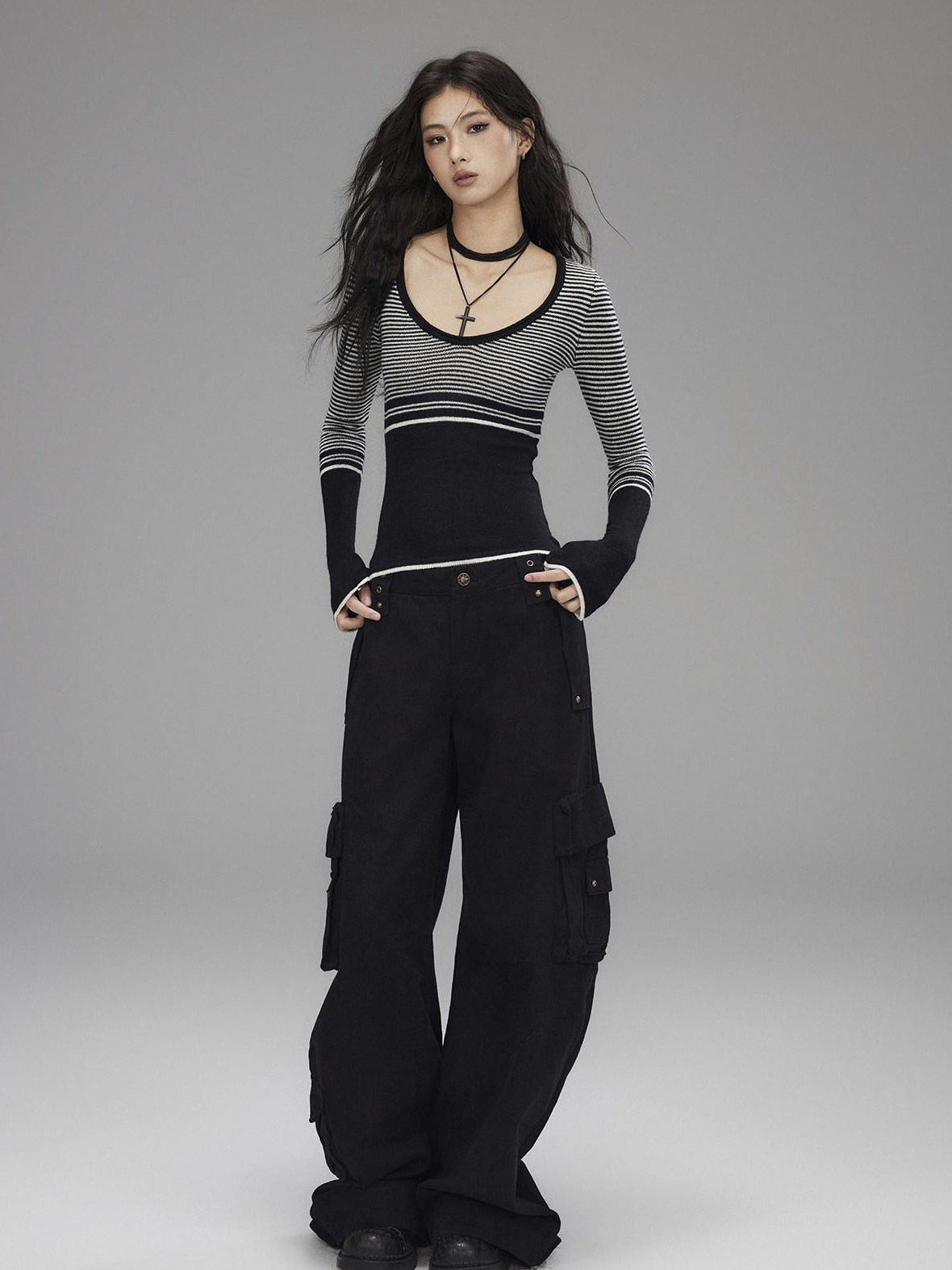 Low pixel Washed Low Rise Wide Leg Utility Loose Fit Womens Black Cargo Pants