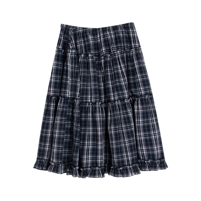 NAPSNAPS_Blue_Plaid_Ruffle_Hem_High_Waist_Pleated_Patchwork_Women&
