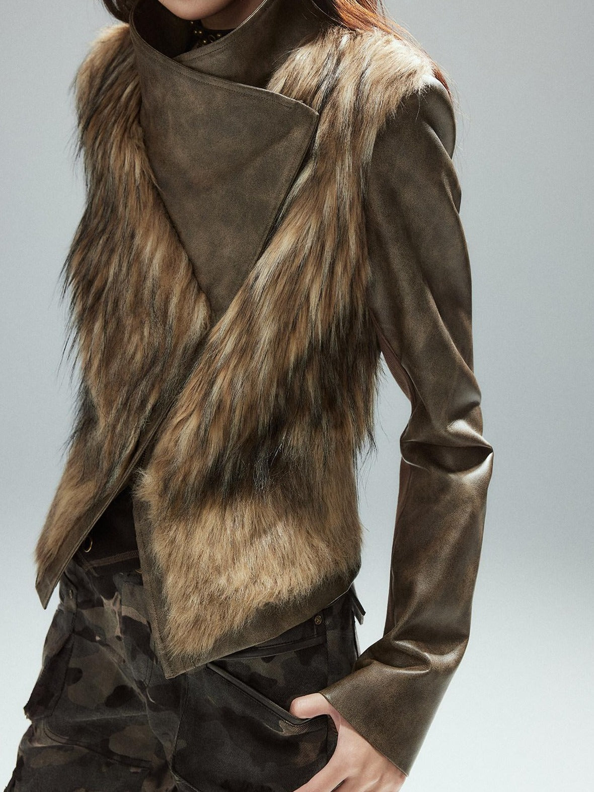 Low pixel Thick Waist Cinch Patchwork Street Style Women Brown Zipper Lapel Cropped Jackets