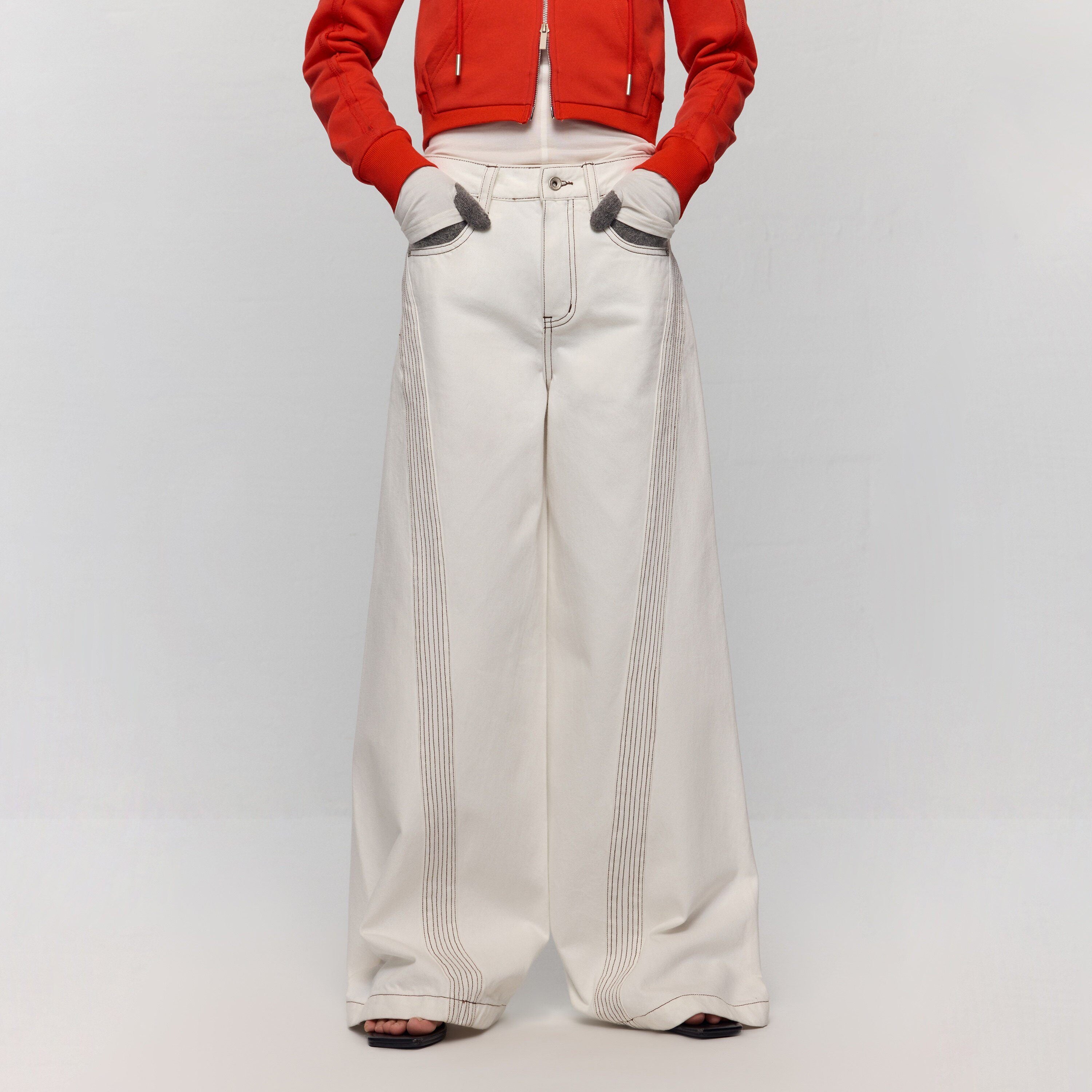 RUN TO THE FUTURE Casual Colorblock Loose Natural Waist Washed Denim High Cotton Wide-Leg Jeans