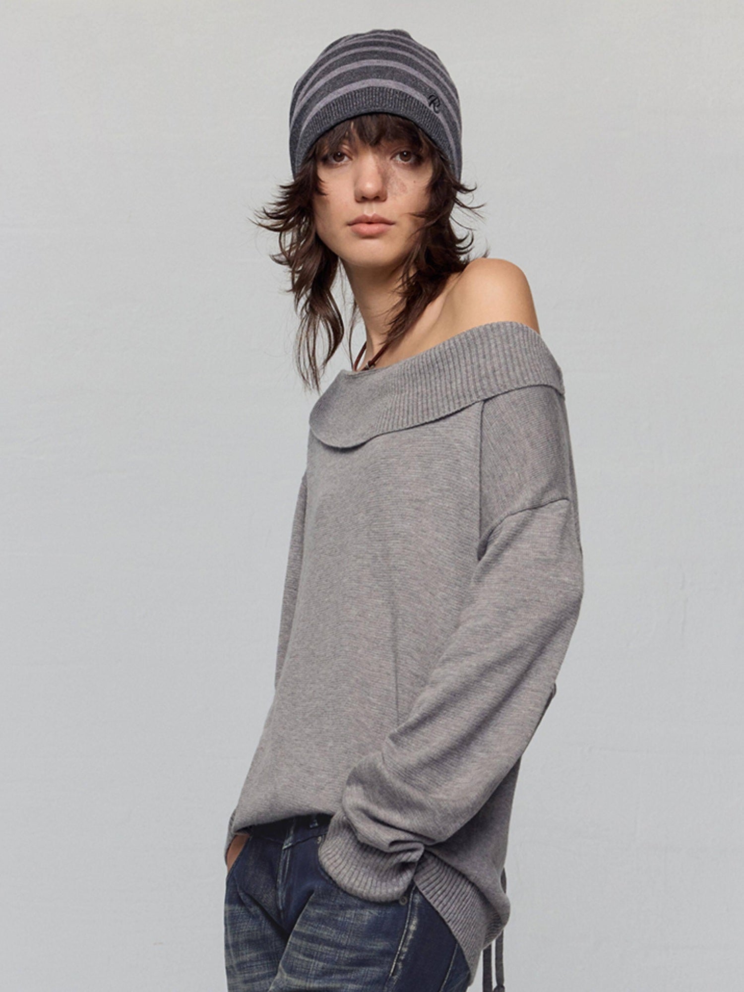RUN TO THE FUTURE Vintage Commuter Loose Tie Asymmetric Neck Women Grey Knit Long Sleeve T-Shirts