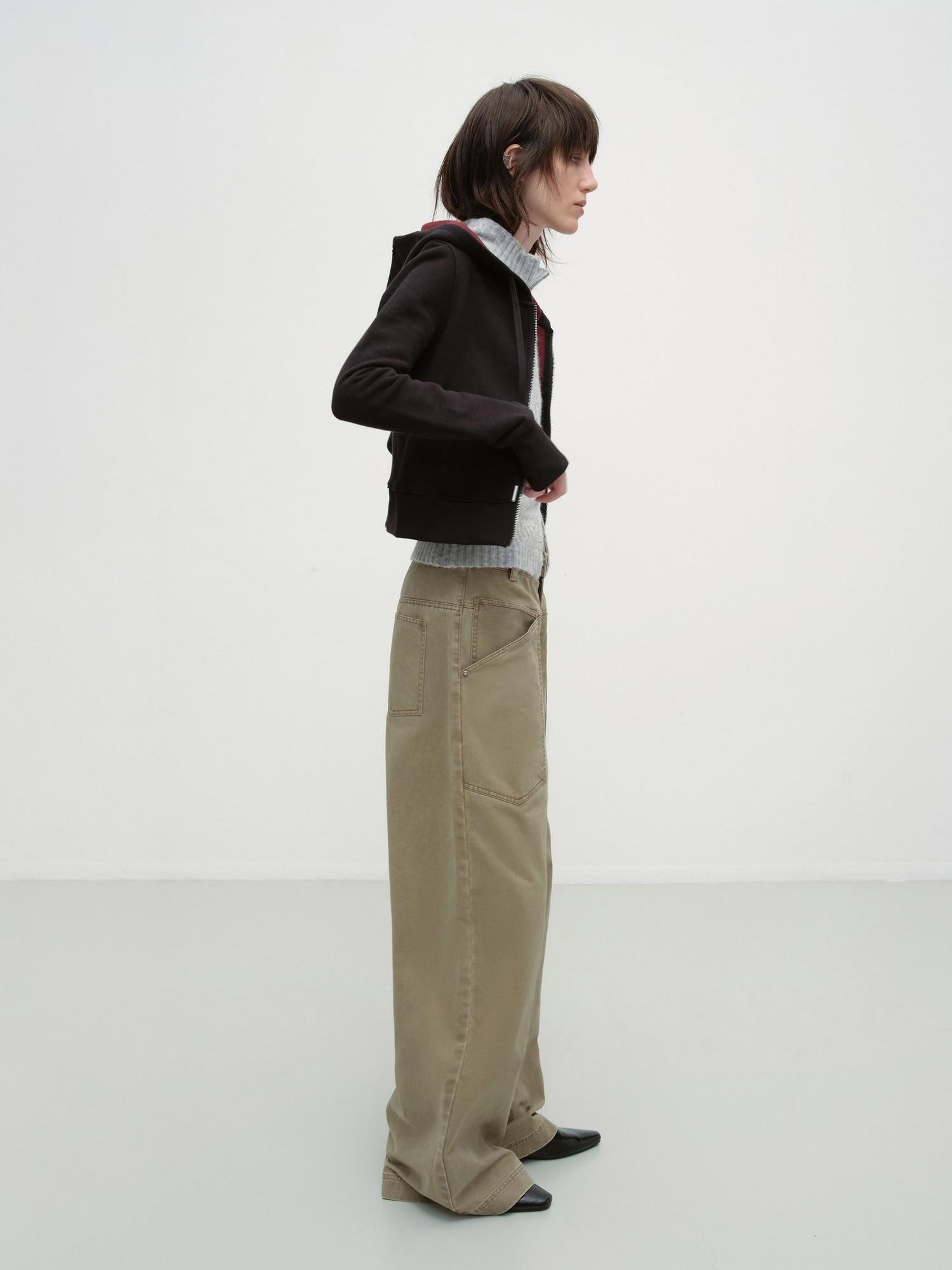 RUN TO THE FUTURE Washed Cotton Khaki Cargo Pockets Loose Mid Rise Zip Fly Casual Straight Pants