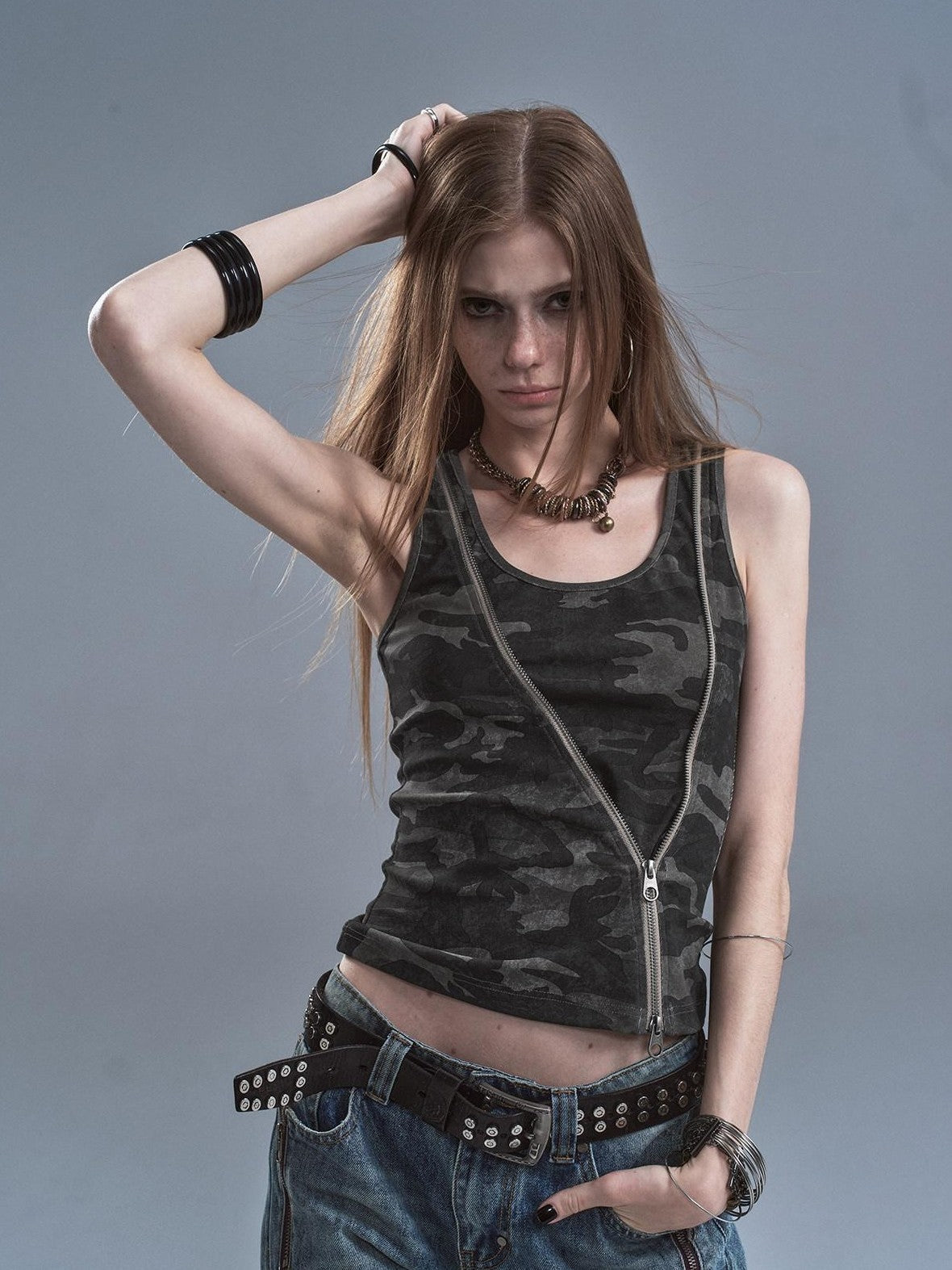 wear And tear Printed Camo Black Diagonal Zip Two Way Cinched Waist Women&