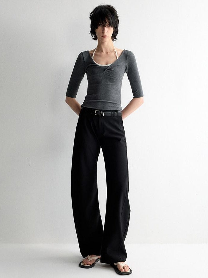 RUN TO THE FUTURE Soft Stretch Low Rise Minimal Loose Curved Tapered Women Classic Black Chinos