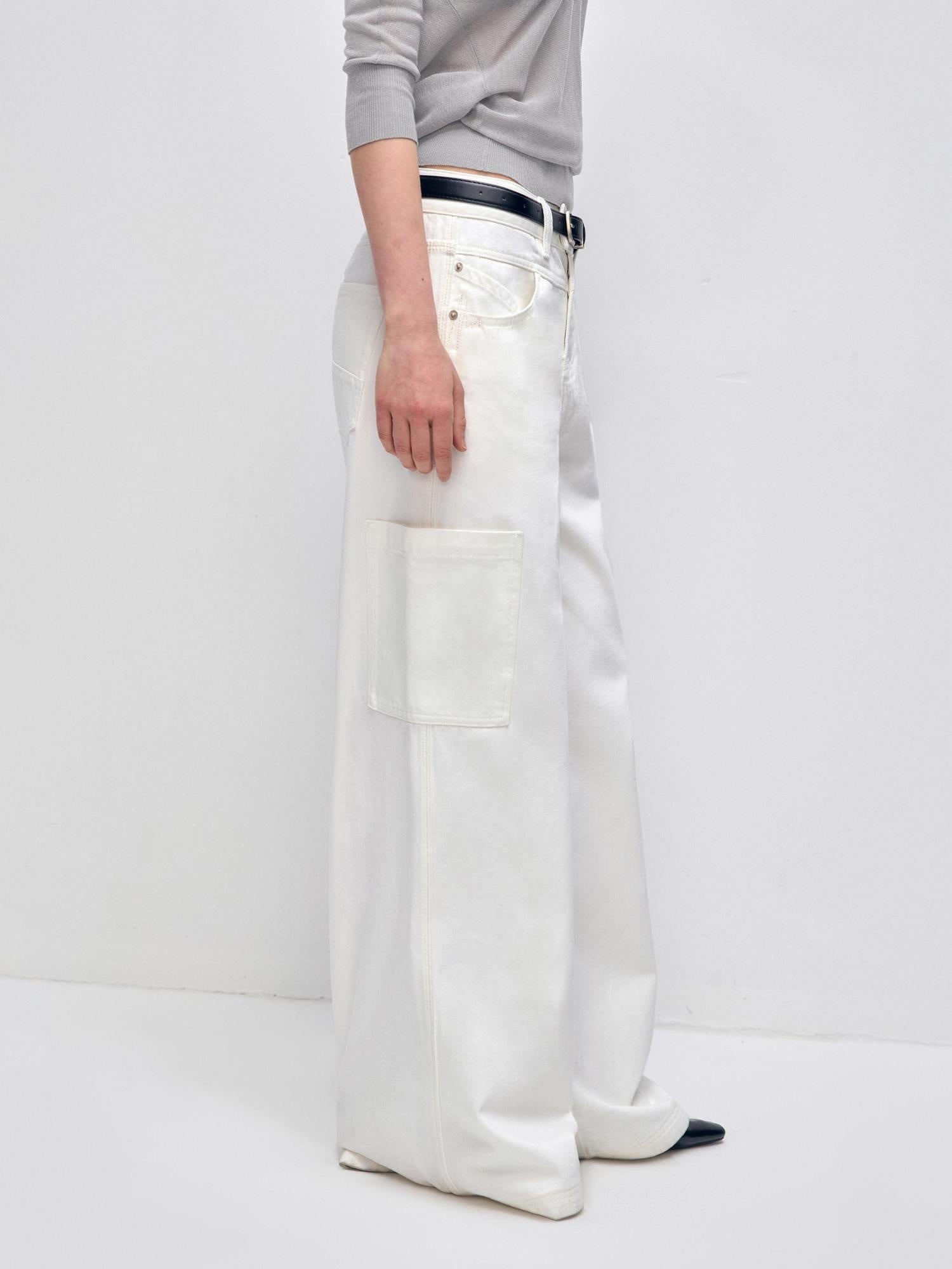 RUN TO THE FUTURE Low Rise 96 Percent Cotton Casual Loose Fit White Denim Wide-Leg Jeans