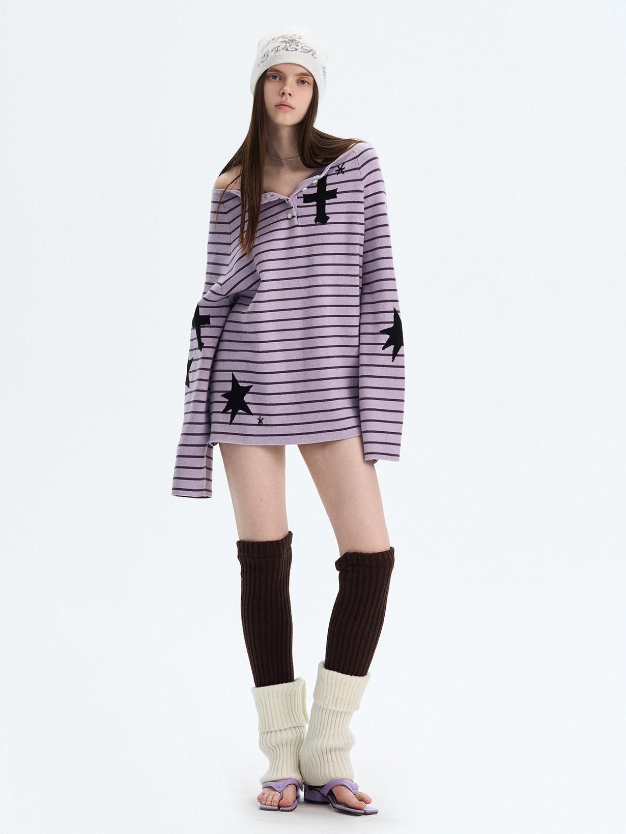 The NeverMore Sexy Colorblock Oversized Crewneck Short Striped Button Pullover Women Sweaters