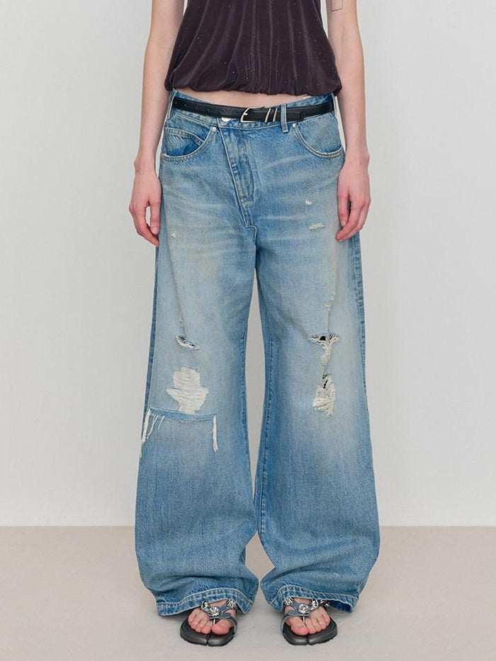 RUN TO THE FUTURE Durable Distressed Low Rise Loose Fit Casual Light Blue Denim Wide-Leg Jeans